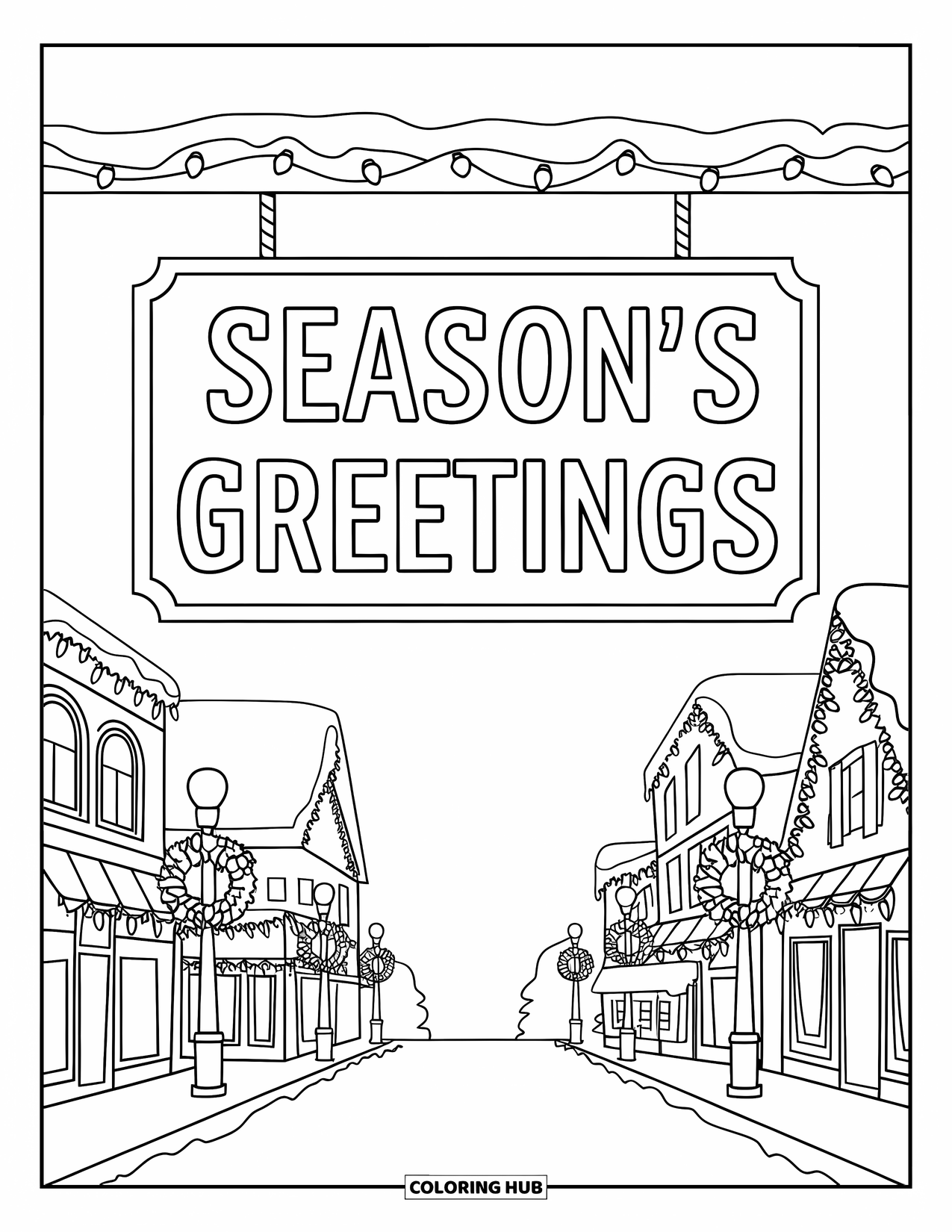Christmas Card Coloring Page for Kids: Festive buildings and lights line a snowy street under "Season's Greetings"