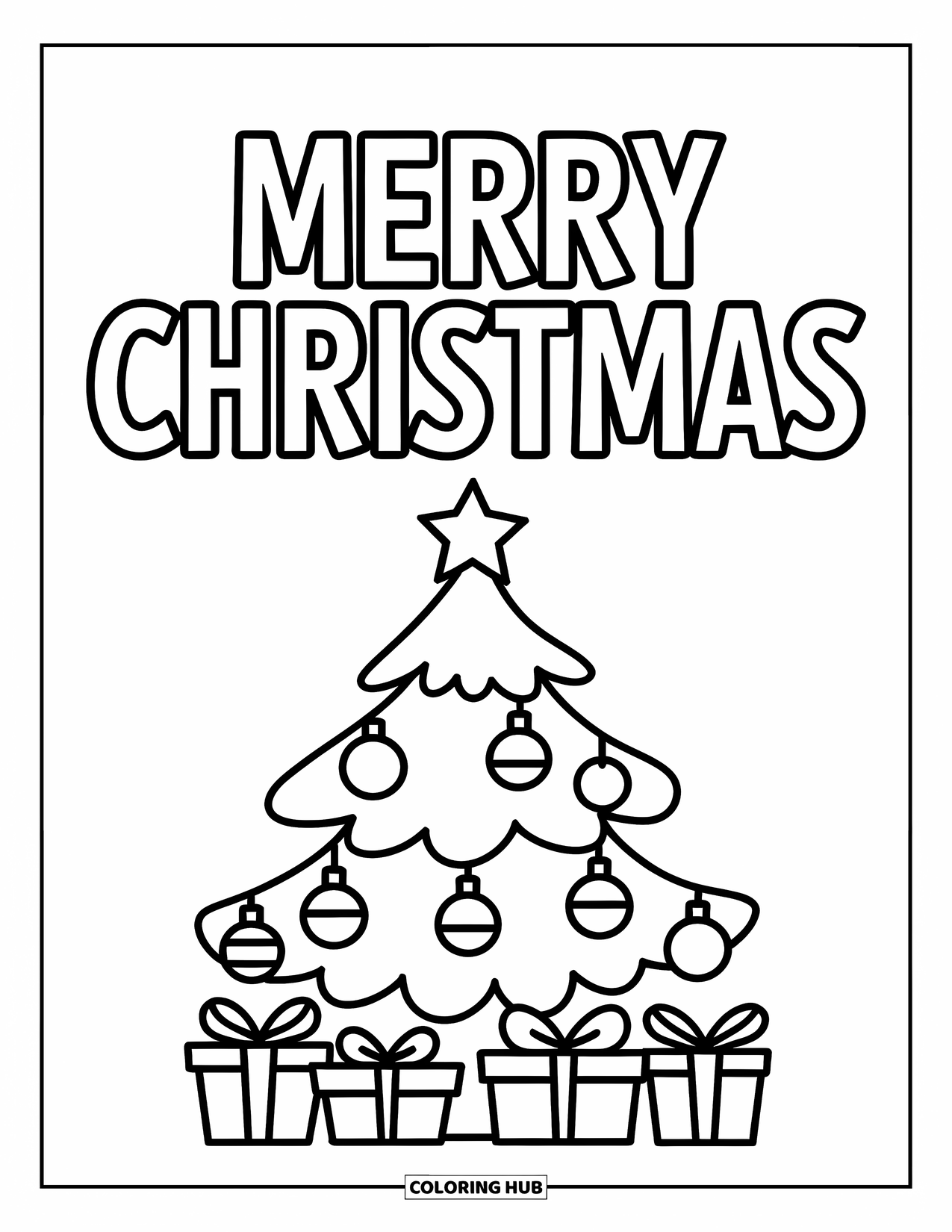 Christmas Card Coloring Page for Kids: "Merry Christmas" text above a tree with ornaments and presents