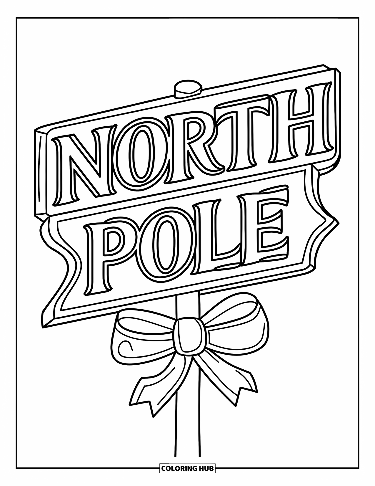 Christmas Card Coloring Page for Kids: North Pole signpost with a bow in a snowy scene
