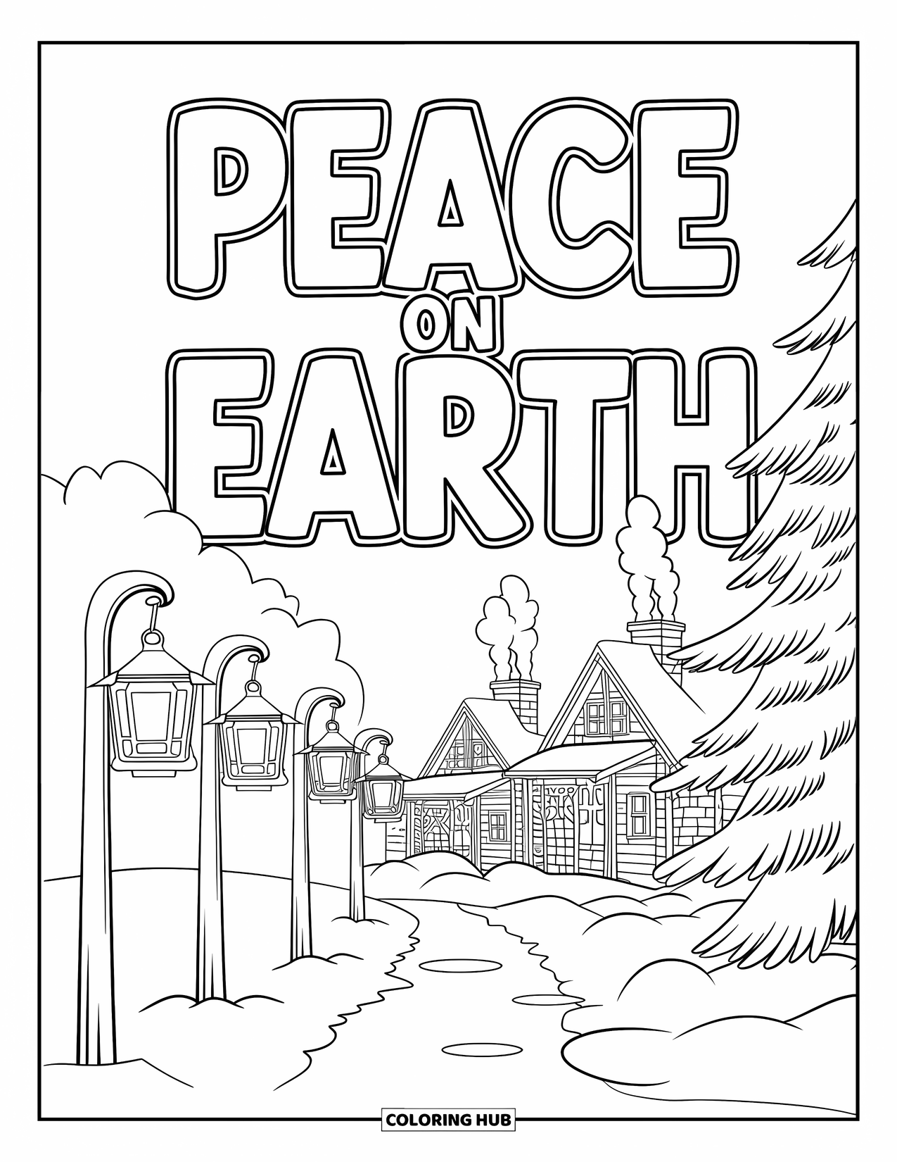 Christmas Card Coloring Page for Kids: Peaceful winter village with lanterns and "Peace on Earth" message