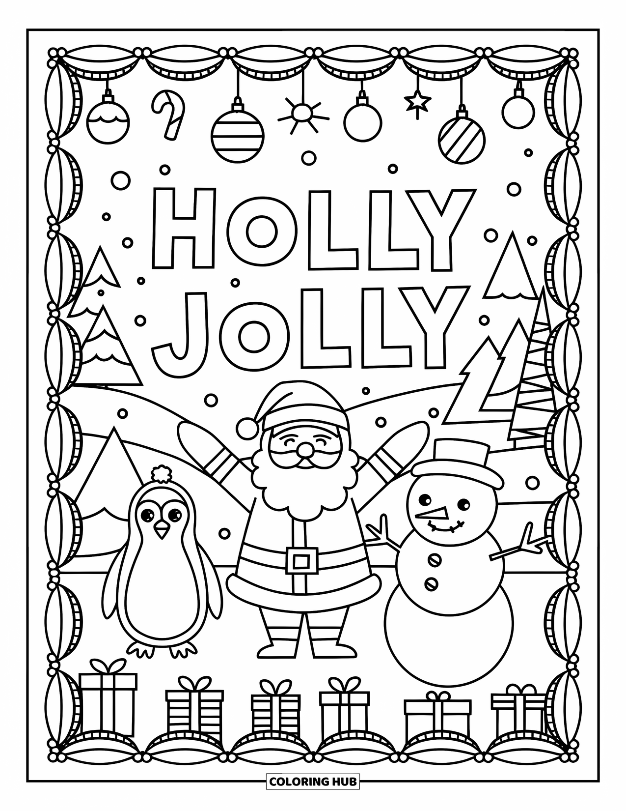 Christmas Card Coloring Page for Kids: Santa, penguin, and snowman in a cheerful "Holly Jolly" winter scene
