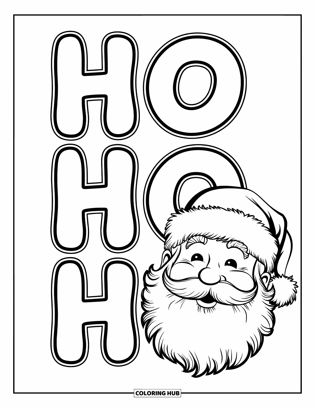 Christmas Card Coloring Page for Kids: Santa's fluffy beard and big "Ho Ho Ho" letters above