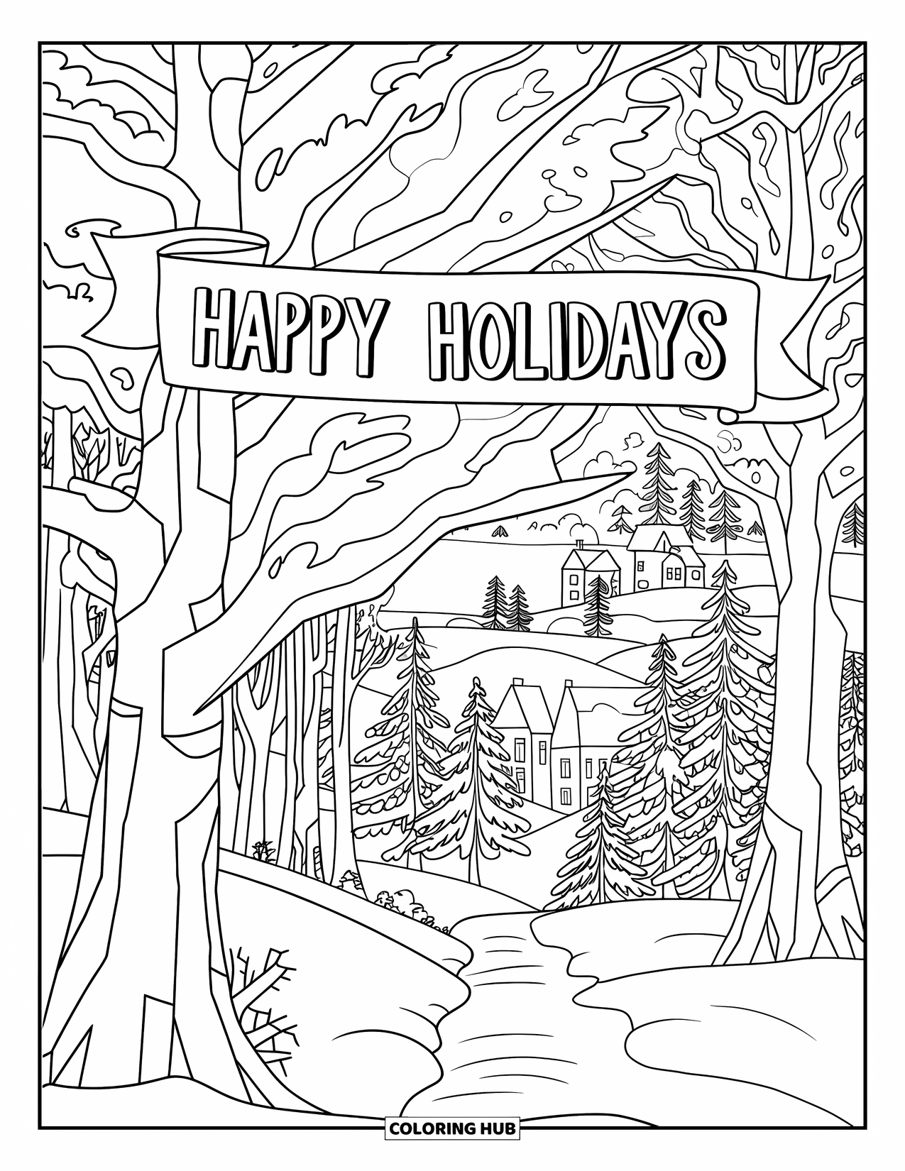 Christmas Card Coloring Page for Kids: Snow-covered trees line a path under a festive "Happy Holidays" banner