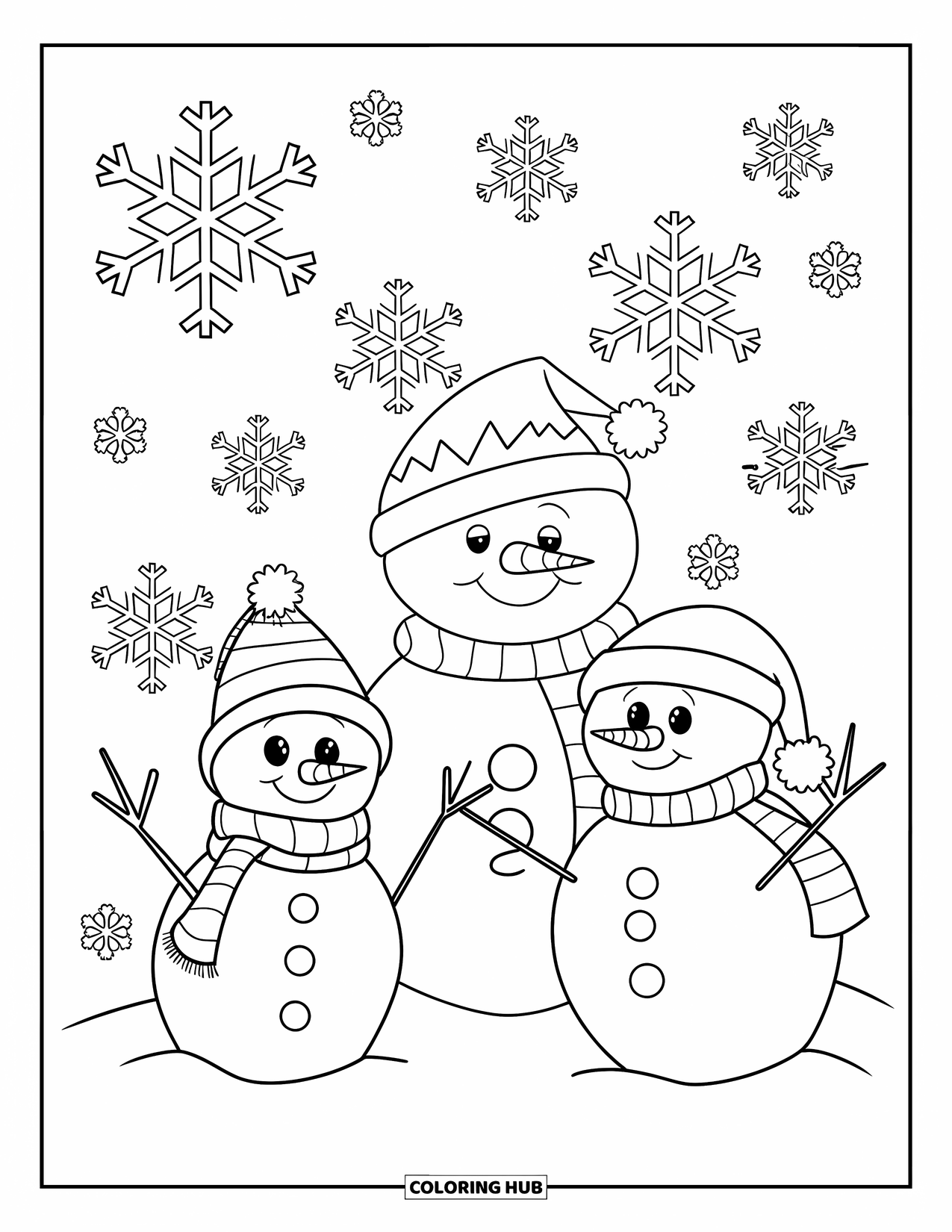 Christmas Card Coloring Page for Kids: Three cheerful snowmen in a snowy winter scene
