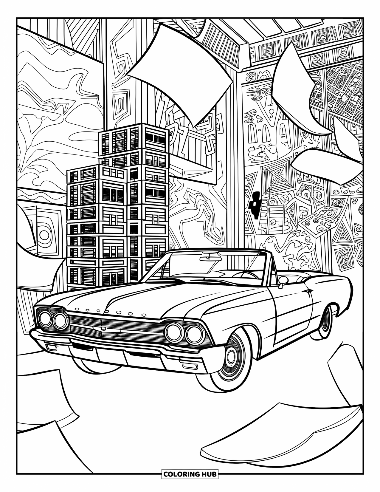 Classic Car Coloring Page for Adults: 1960s convertible in an alley with graffiti