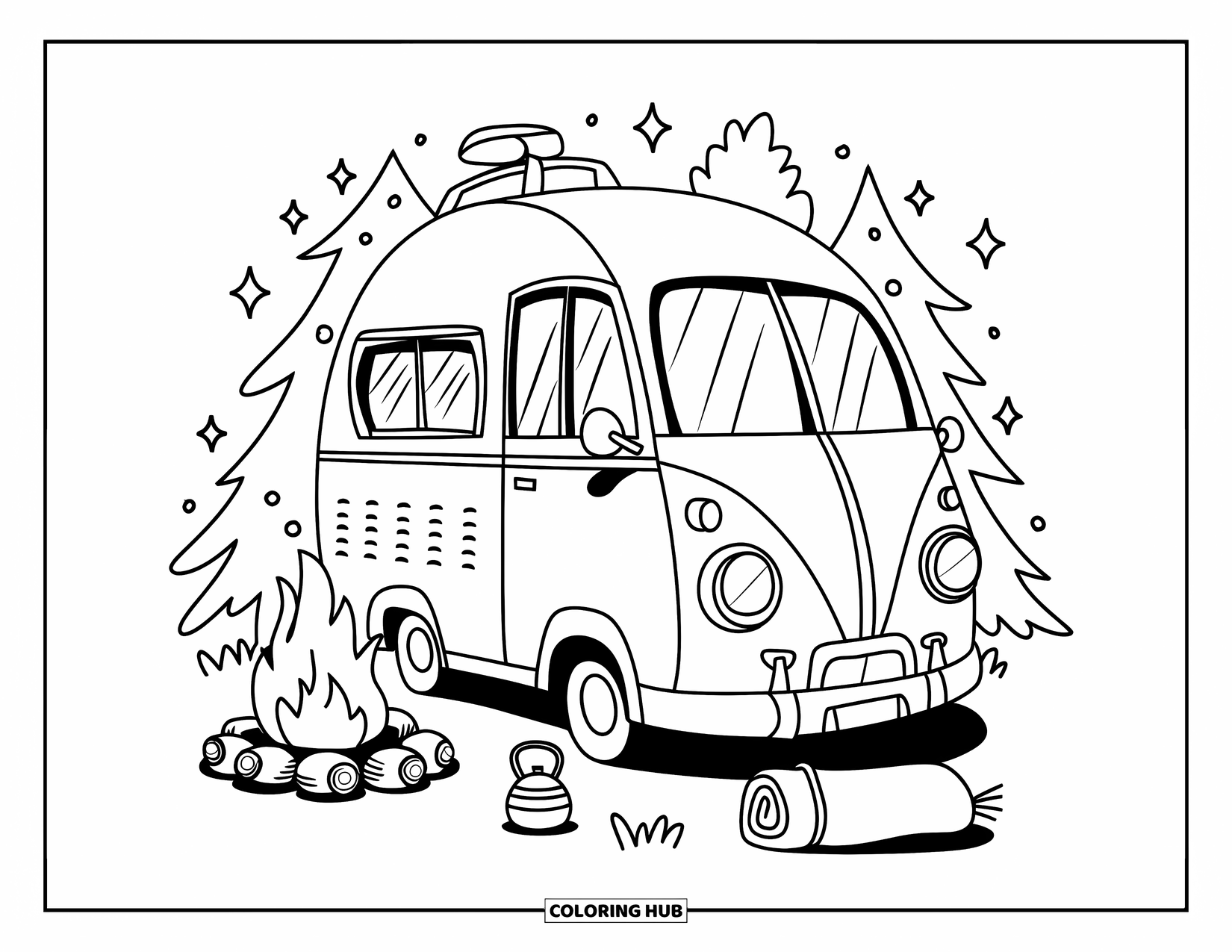 Classic Car Coloring Page for Adults: Camper car with kettle and sleeping bag by campfire