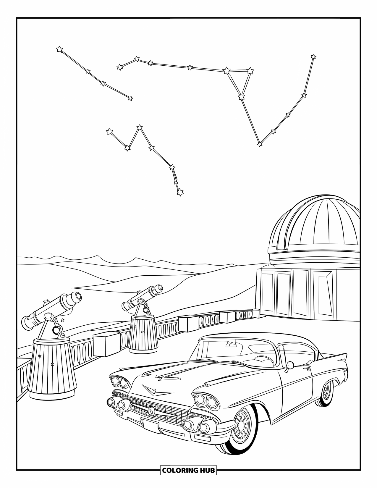 Classic Car Coloring Page for Adults: Car near observatory dome with telescopes