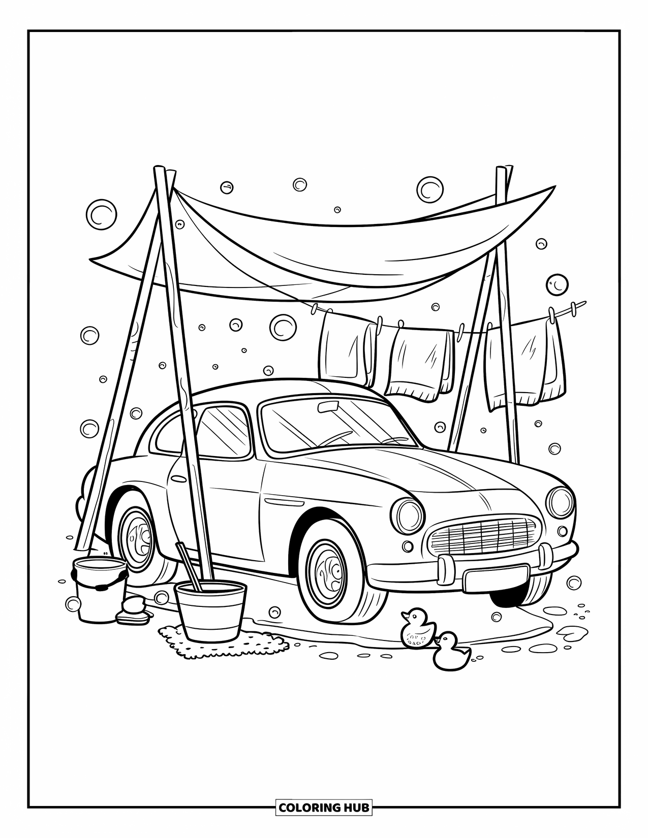 Classic Car Coloring Page for Adults: Classic coupe with bubbles at a car wash