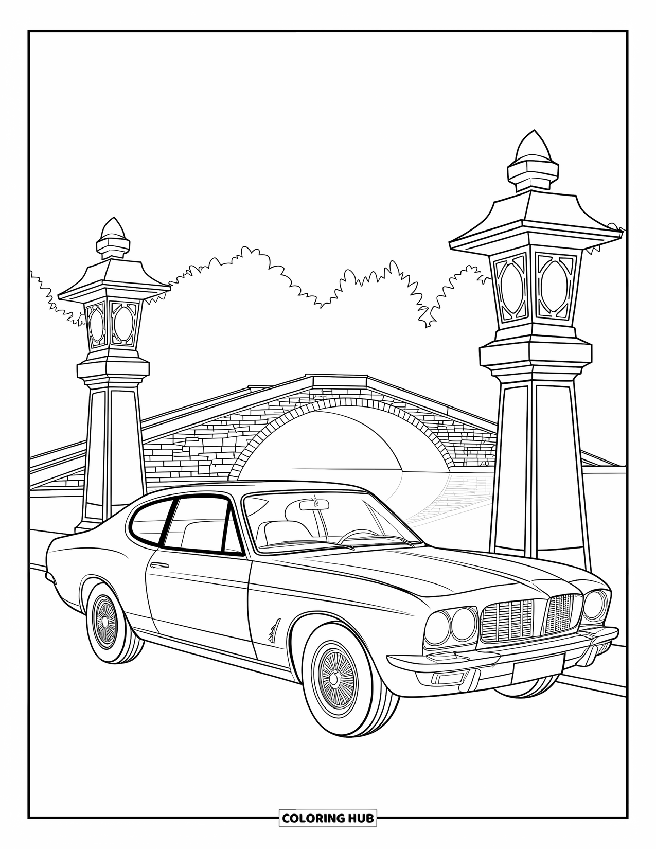 Classic Car Coloring Page for Adults: Classic European coupe by a stone bridge