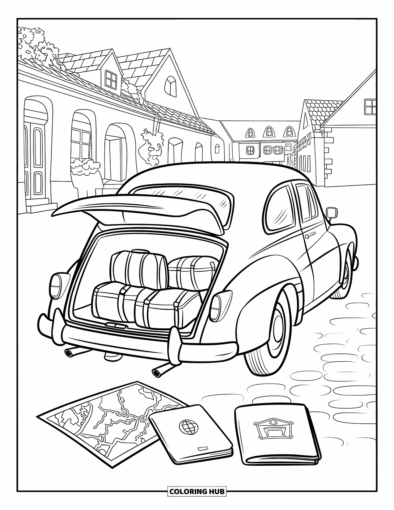 Classic Car Coloring Page for Adults: Classic touring car in a quaint village street