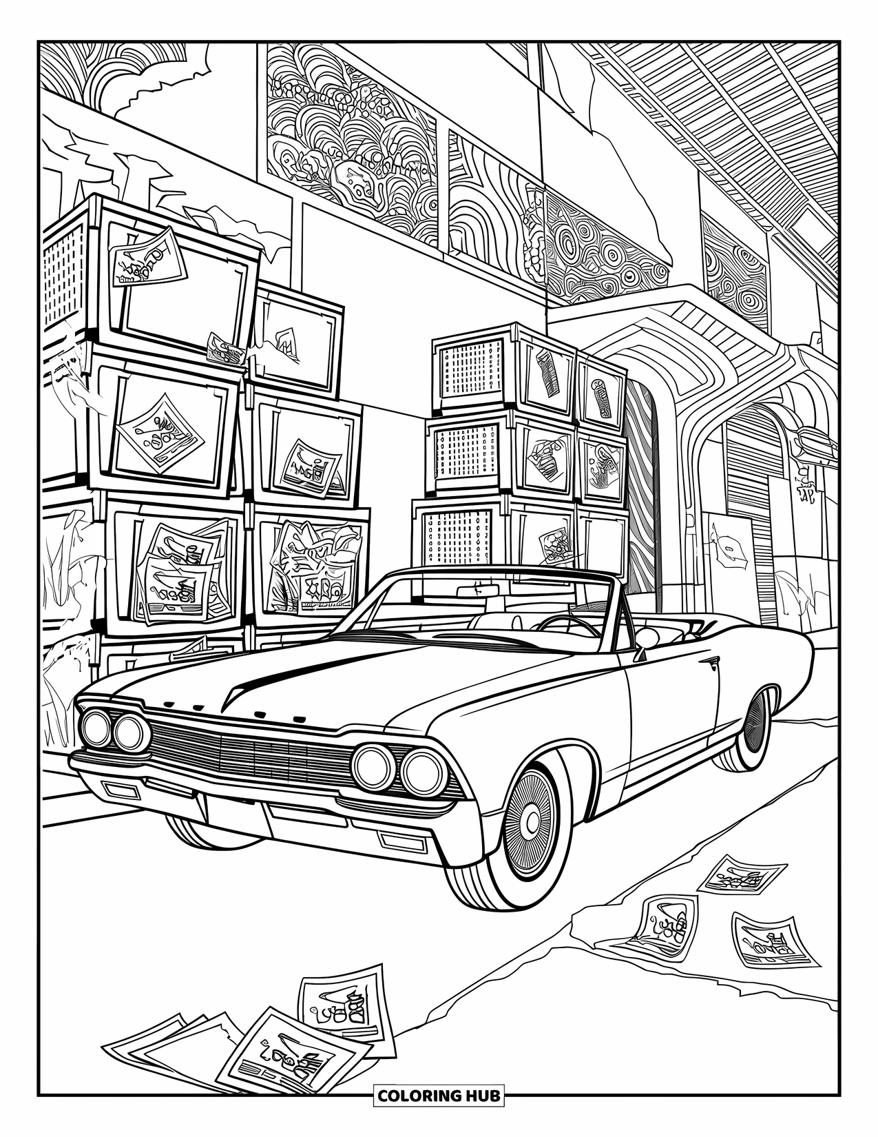 Classic Car Coloring Page for Adults: Convertible car parked in graffiti alley