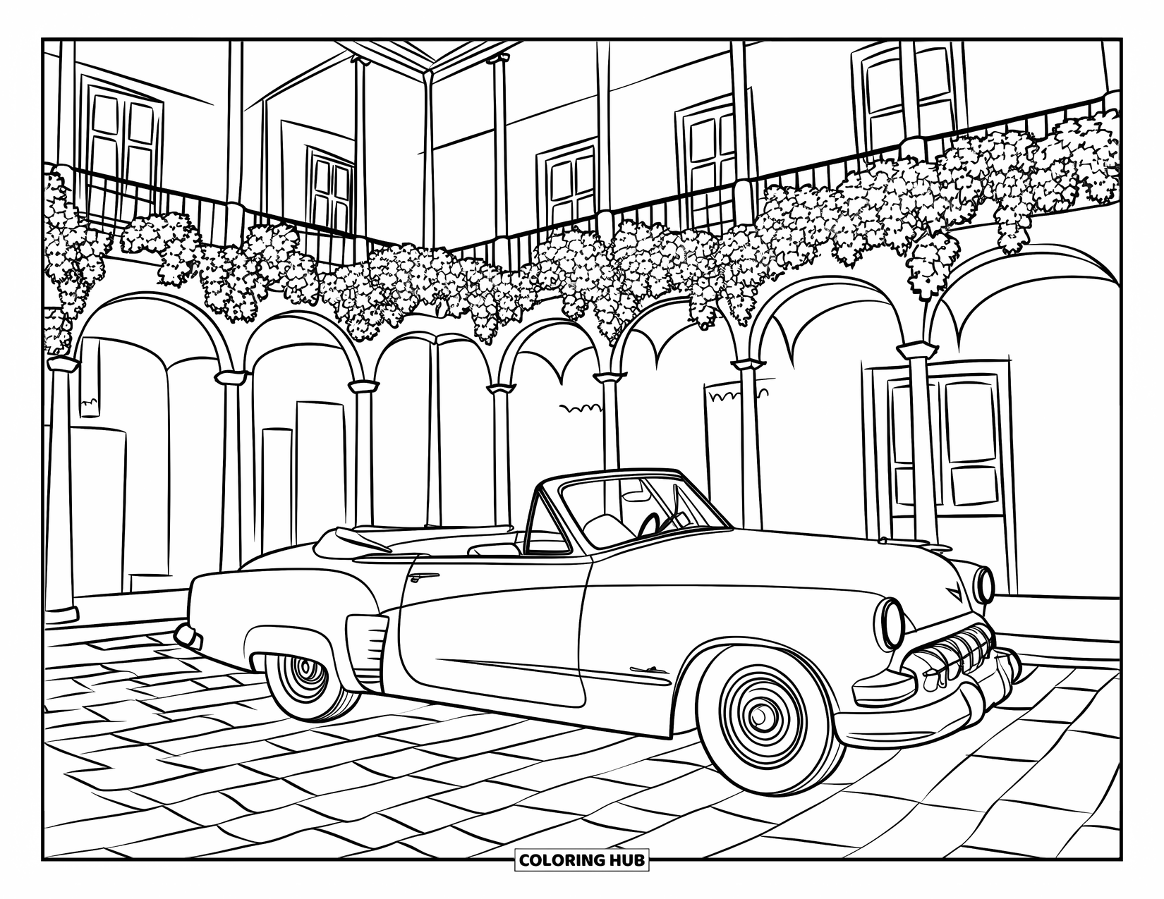 Classic Car Coloring Page for Adults: Convertible car parked on cobblestone courtyard