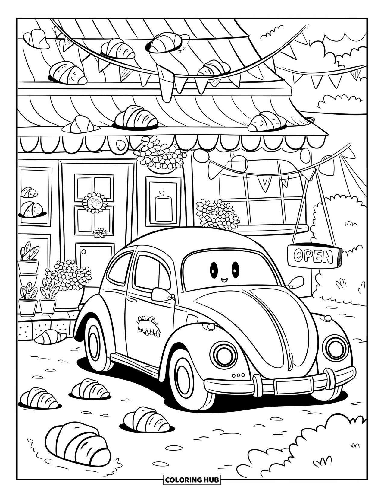 Classic Car Coloring Page for Adults: Cute Beetle car parked by a bakery