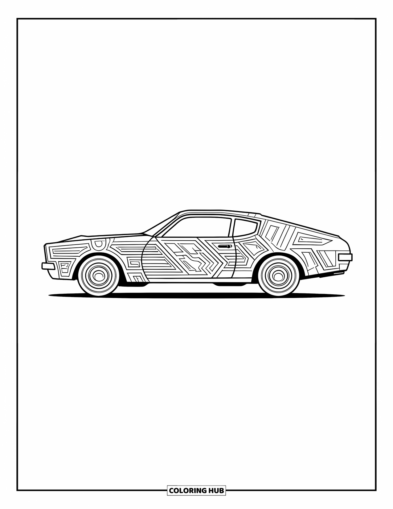 Classic Car Coloring Page for Adults: Fastback car with intricate abstract designs
