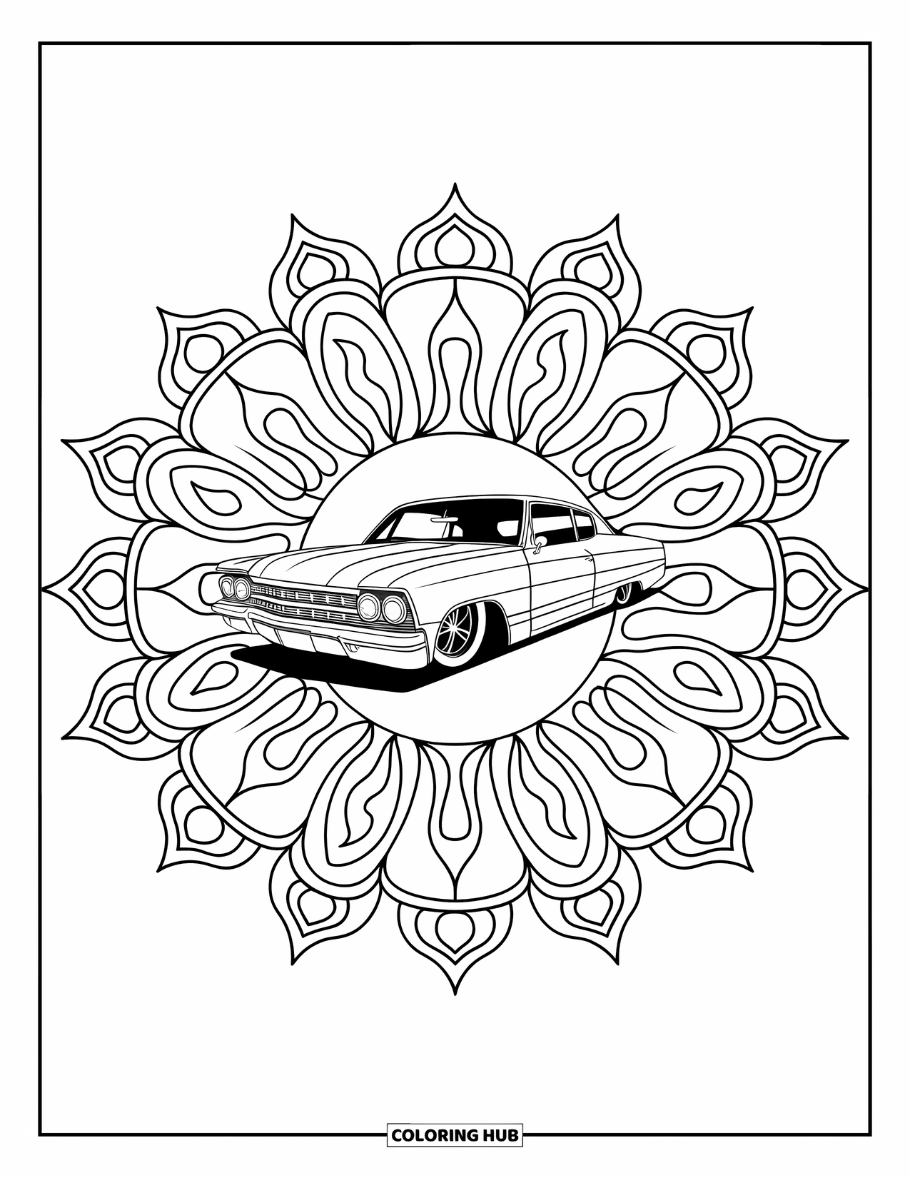 Classic Car Coloring Page for Adults: Lowrider classic car inside a flame mandala