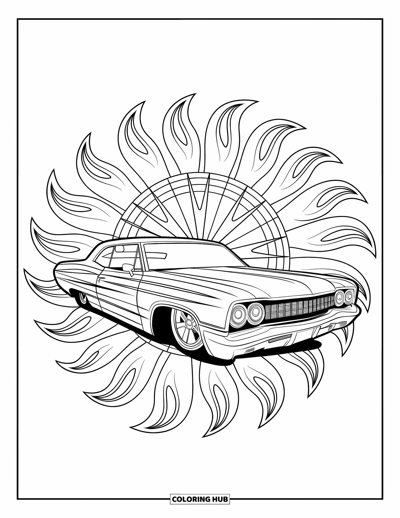 Classic Car Coloring Page for Adults: Mandala with flame patterns surrounding a lowrider car