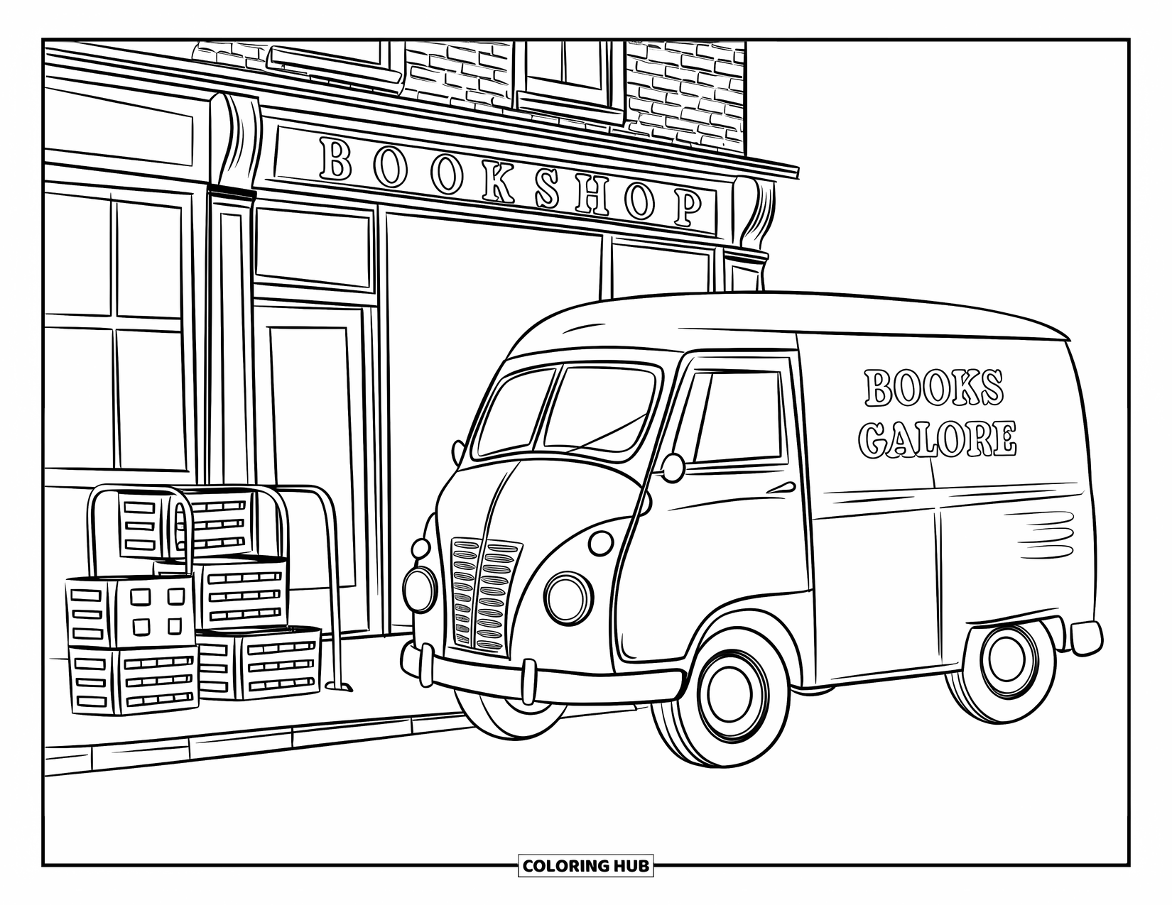 Classic Car Coloring Page for Adults: Old delivery van near a brick bookshop