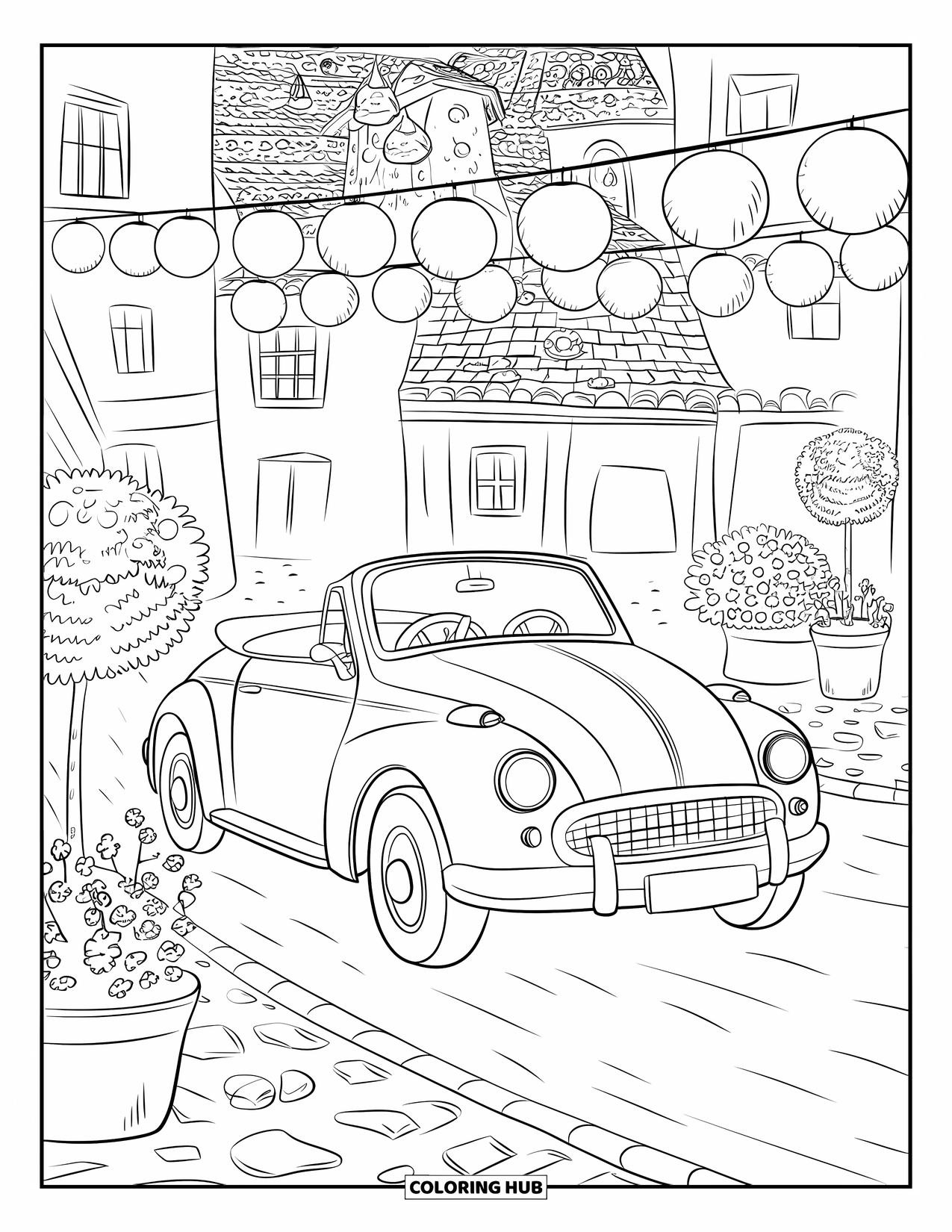 Classic Car Coloring Page for Adults: Retro convertible cruising a quiet village square