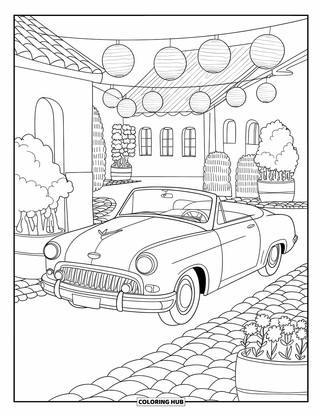 Classic Car Coloring Page for Adults: Round retro convertible in a peaceful village square