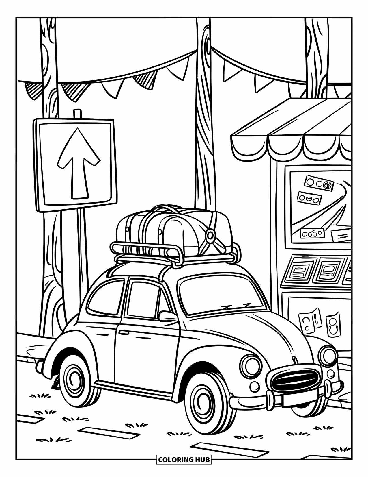 Classic Car Coloring Page for Adults: Small chibi car stopping near a postcard stand