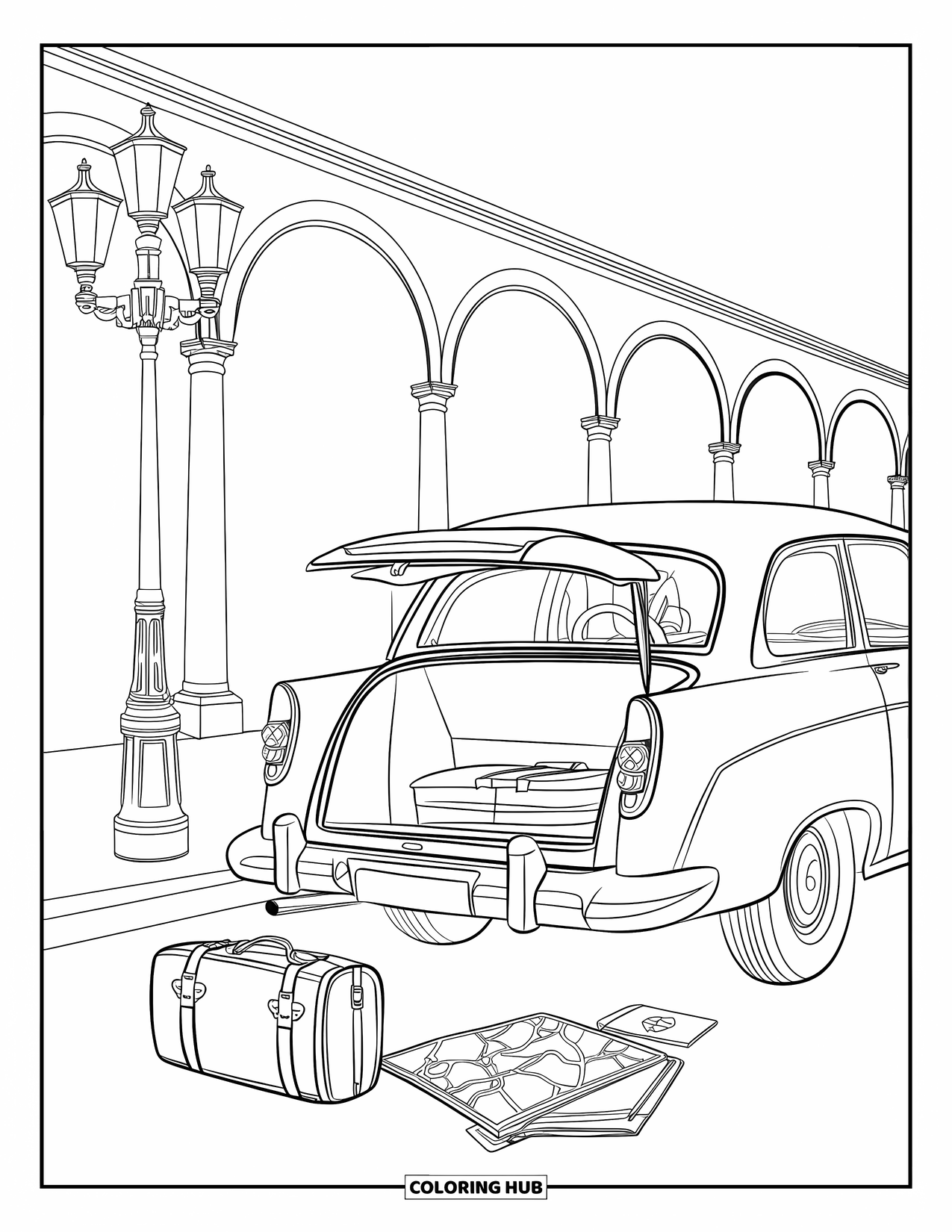 Classic Car Coloring Page for Adults: Touring car with luggage near arches and columns