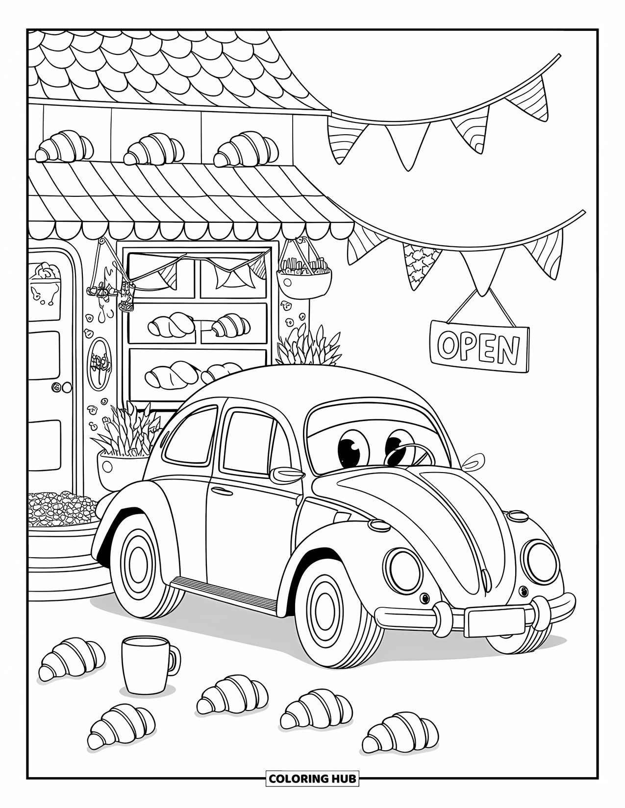 Classic Car Coloring Page for Adults: Vintage Beetle car smiling near a bakery
