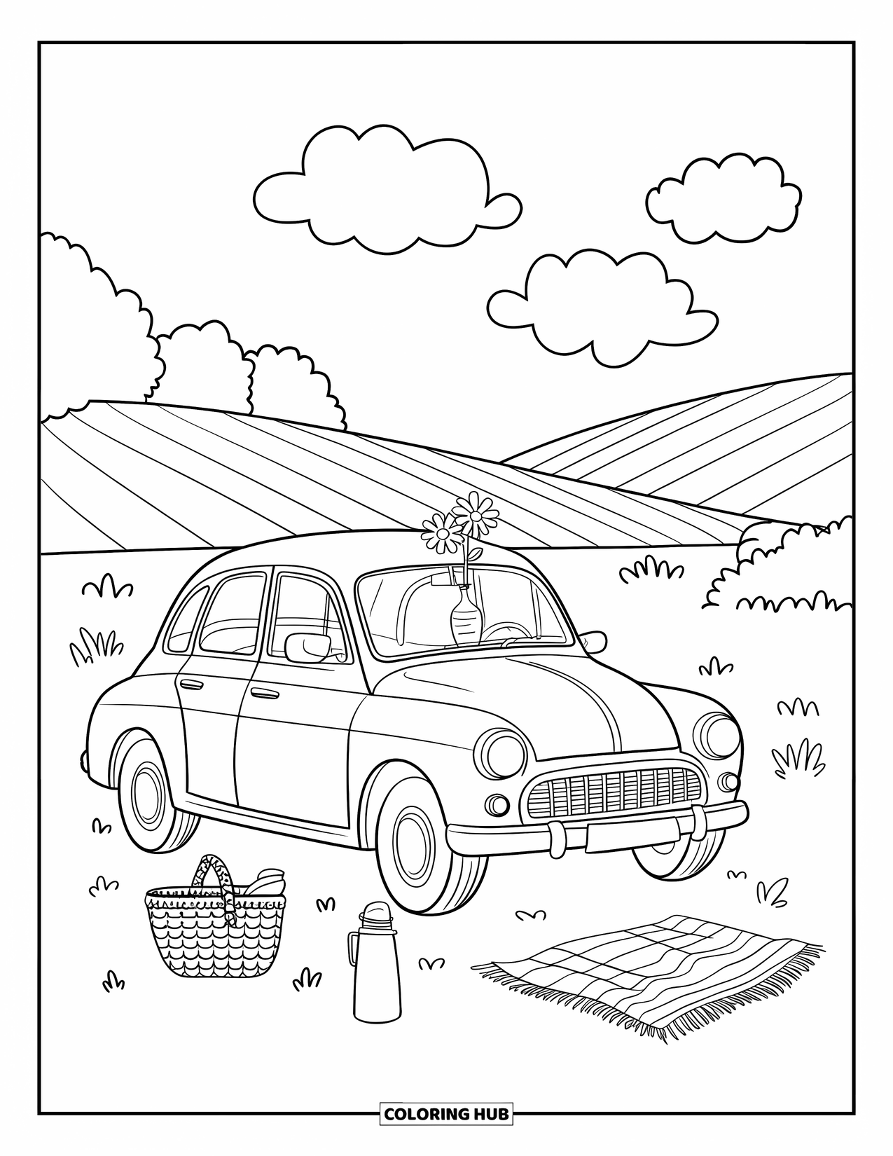 Classic Car Coloring Page for Adults: Vintage car at a countryside picnic spot with basket