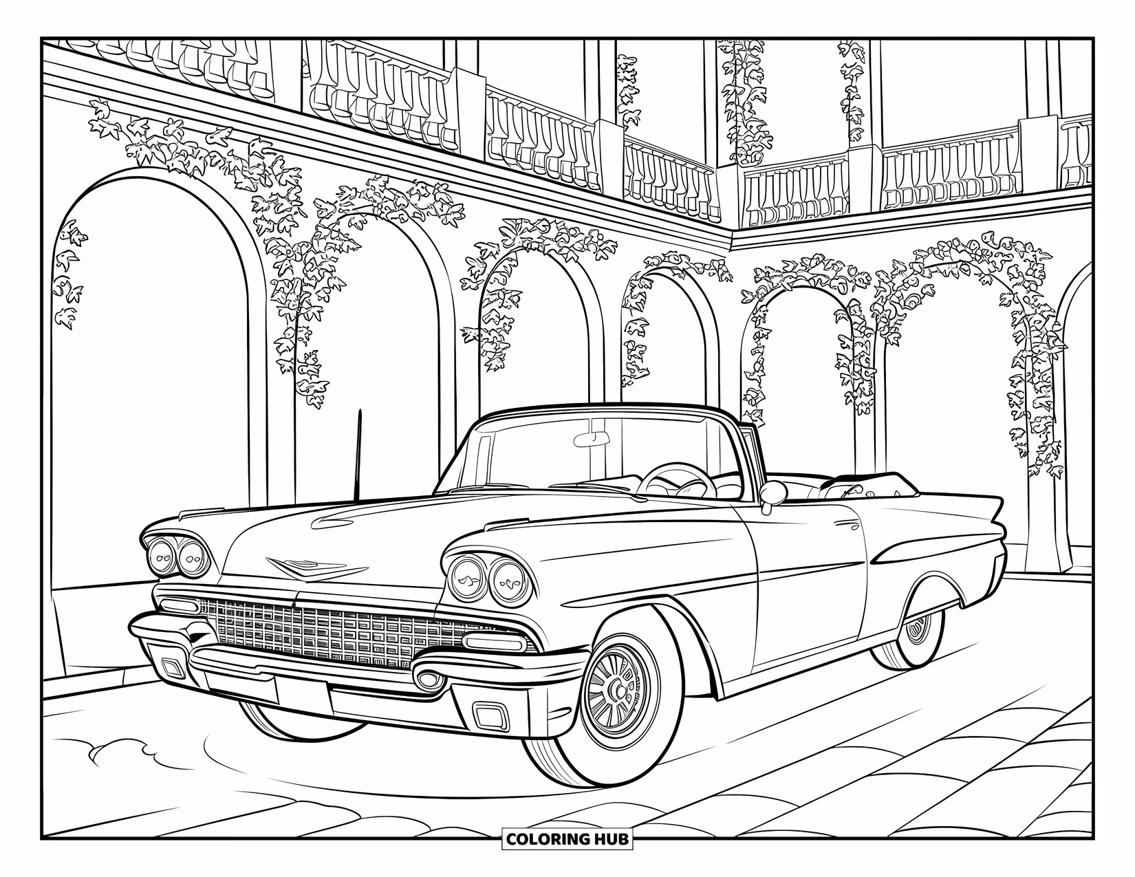 Classic Car Coloring Page for Adults: Vintage convertible in a courtyard with ivy balconies