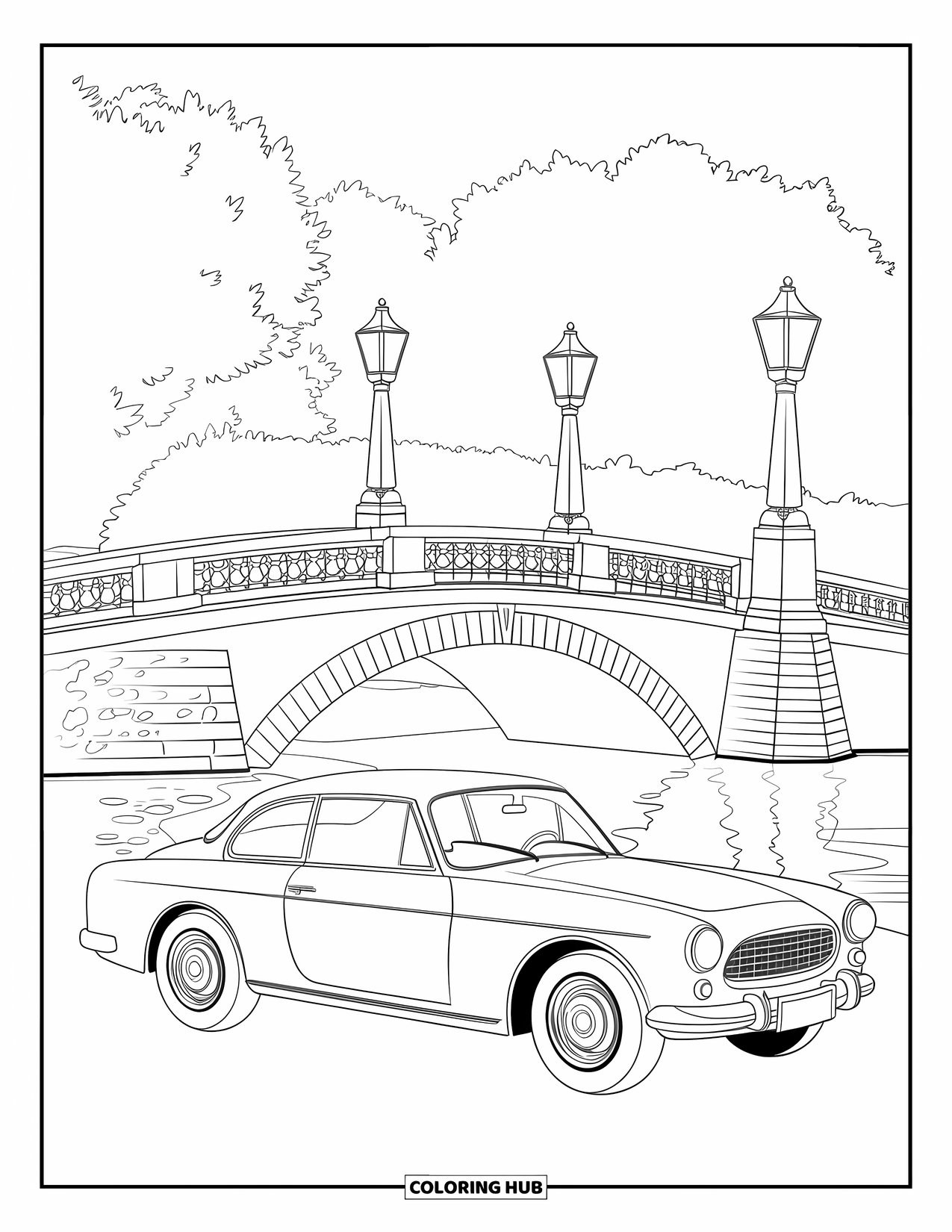 Classic Car Coloring Page for Adults: Vintage coupe beside arched bridge and lantern posts