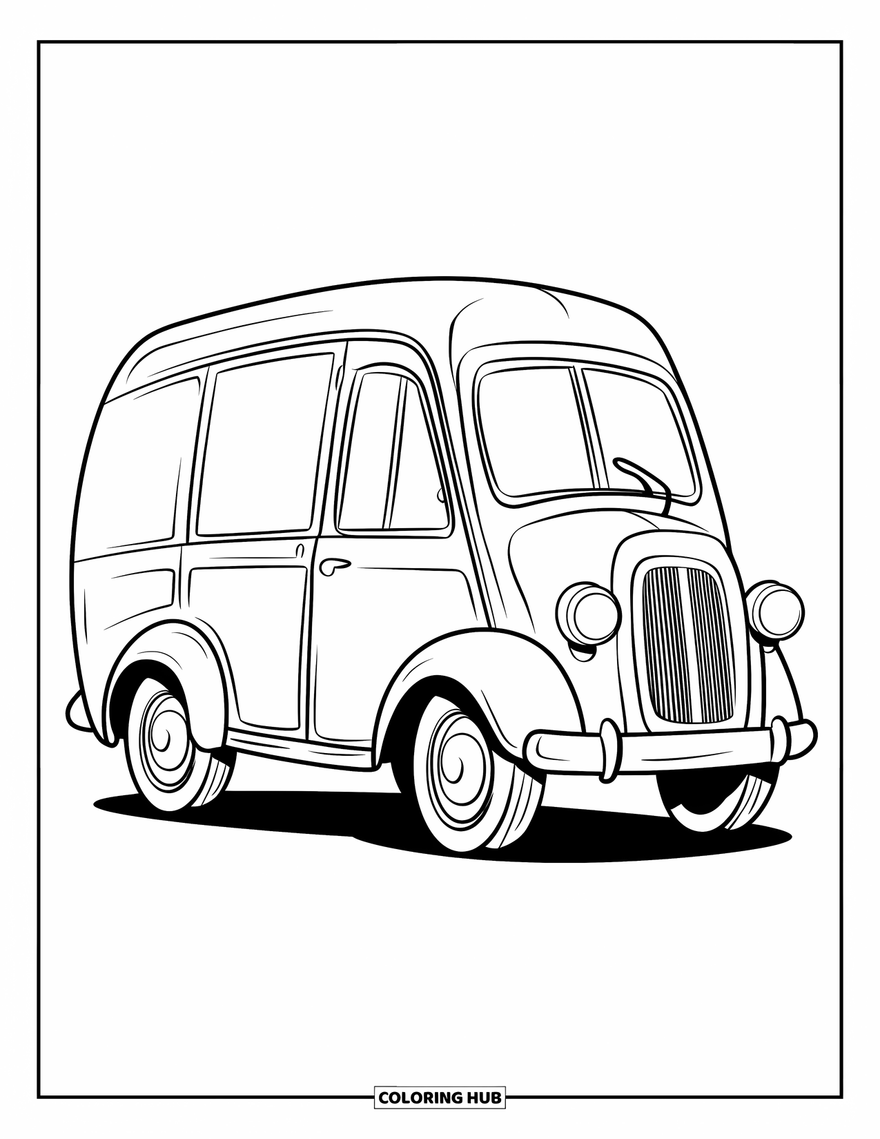 Classic Car Coloring Page for Kids: Boxy delivery car with bold doors and clean outlines
