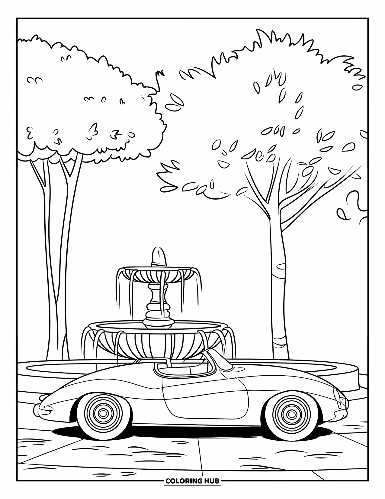 Classic Car Coloring Page for Kids: Bubble-top concept car parked near a fountain