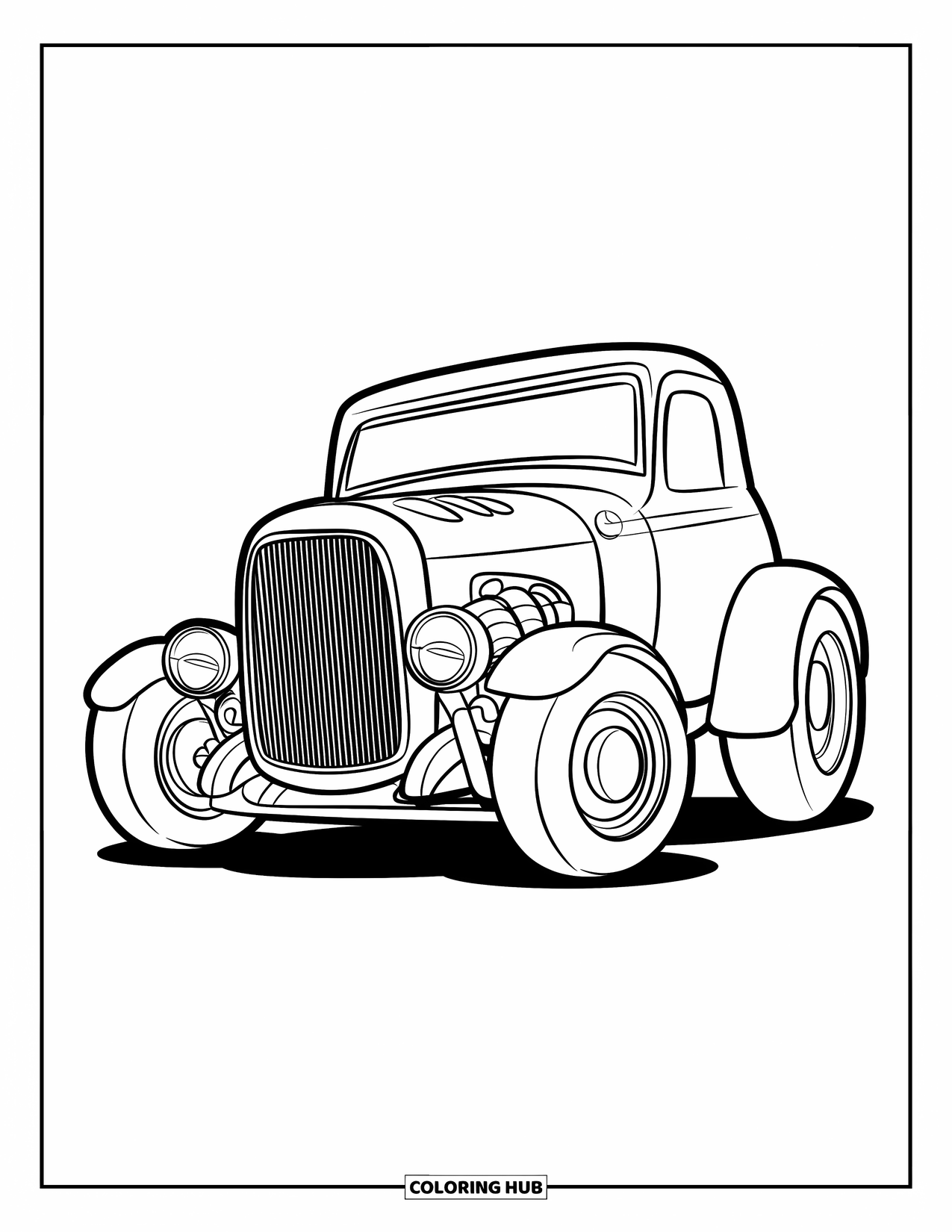 Classic Car Coloring Page for Kids: Cheerful hot rod with bold outlines for preschoolers