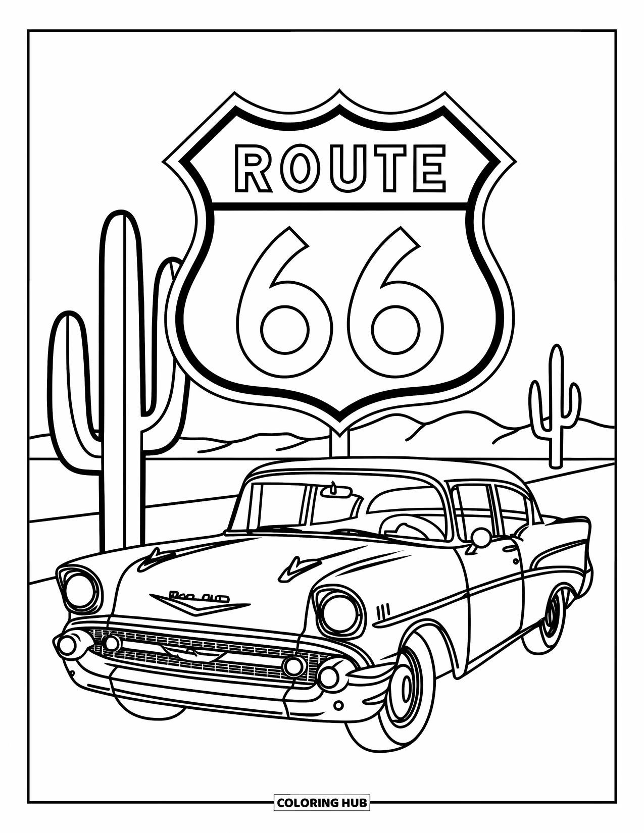 Classic Car Coloring Page for Kids: Classic Chevrolet Bel Air near Route 66 sign and cacti