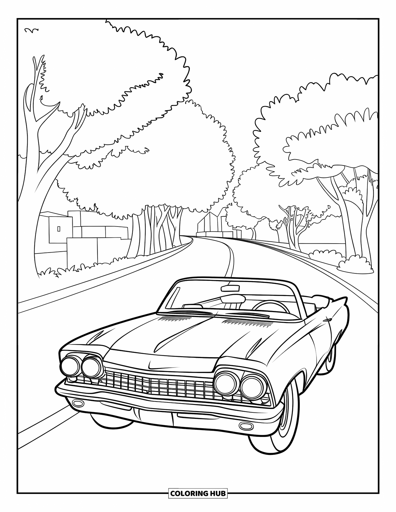 Classic Car Coloring Page for Kids: Classic convertible with trees and buildings in background