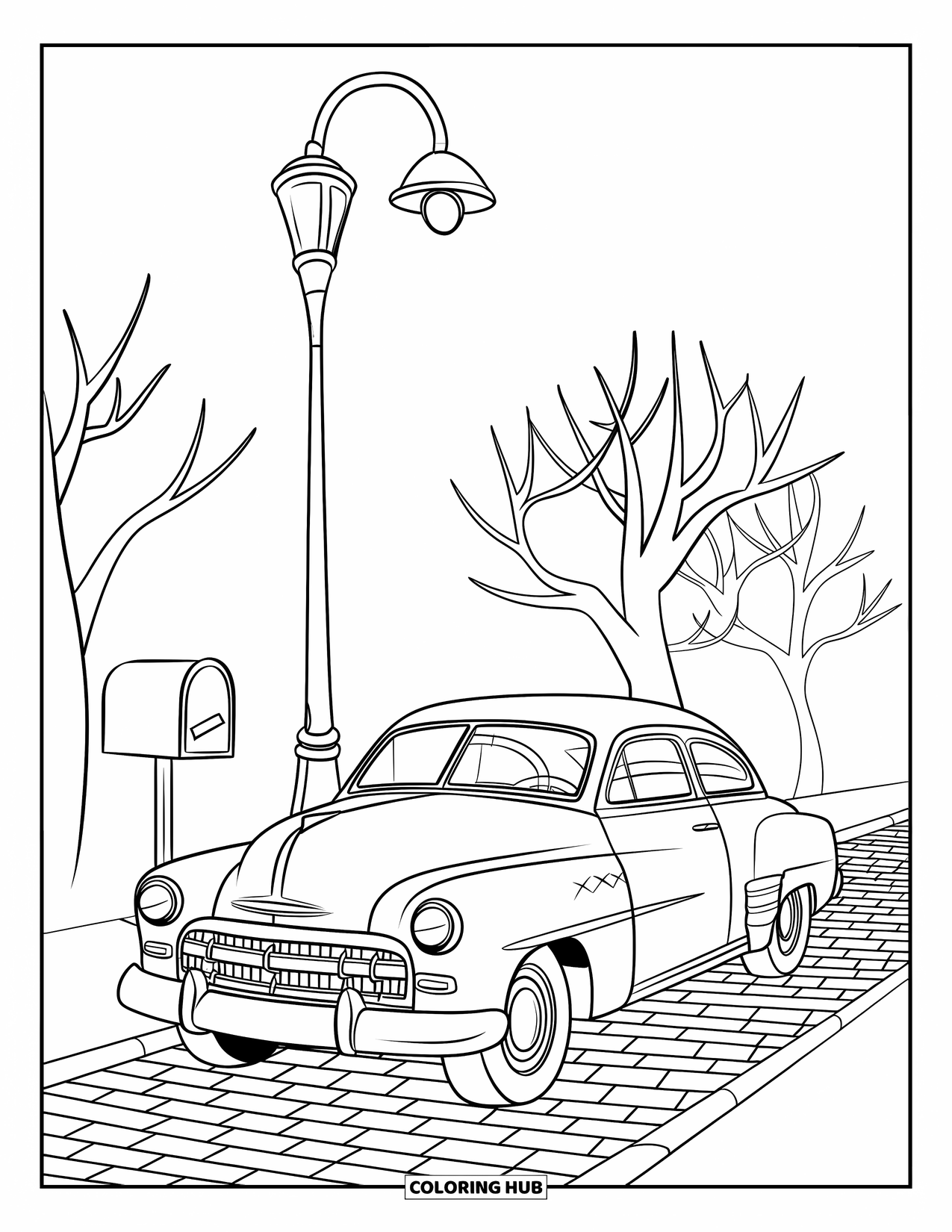 Classic Car Coloring Page for Kids: Classic coupe by tall streetlamp and mailbox