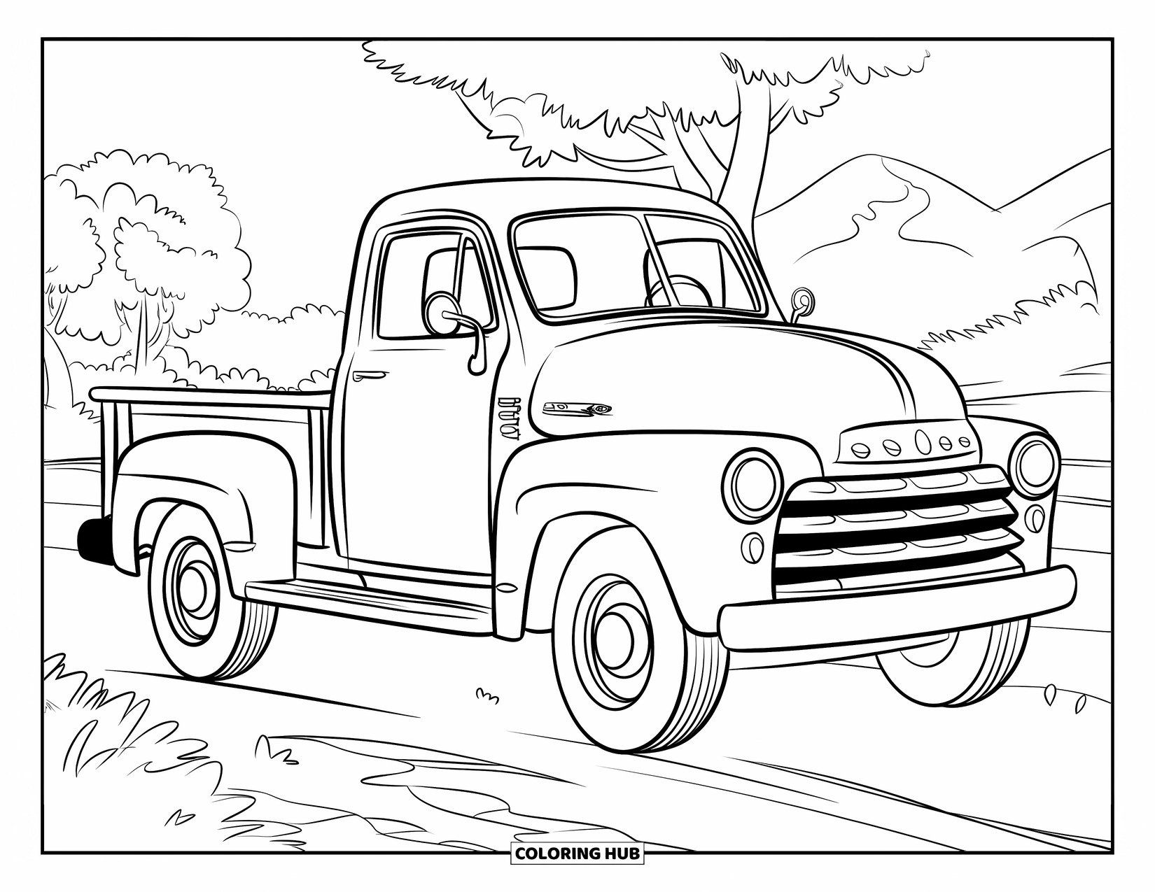 Classic Car Coloring Page for Kids: Classic pickup truck near trees and mountains