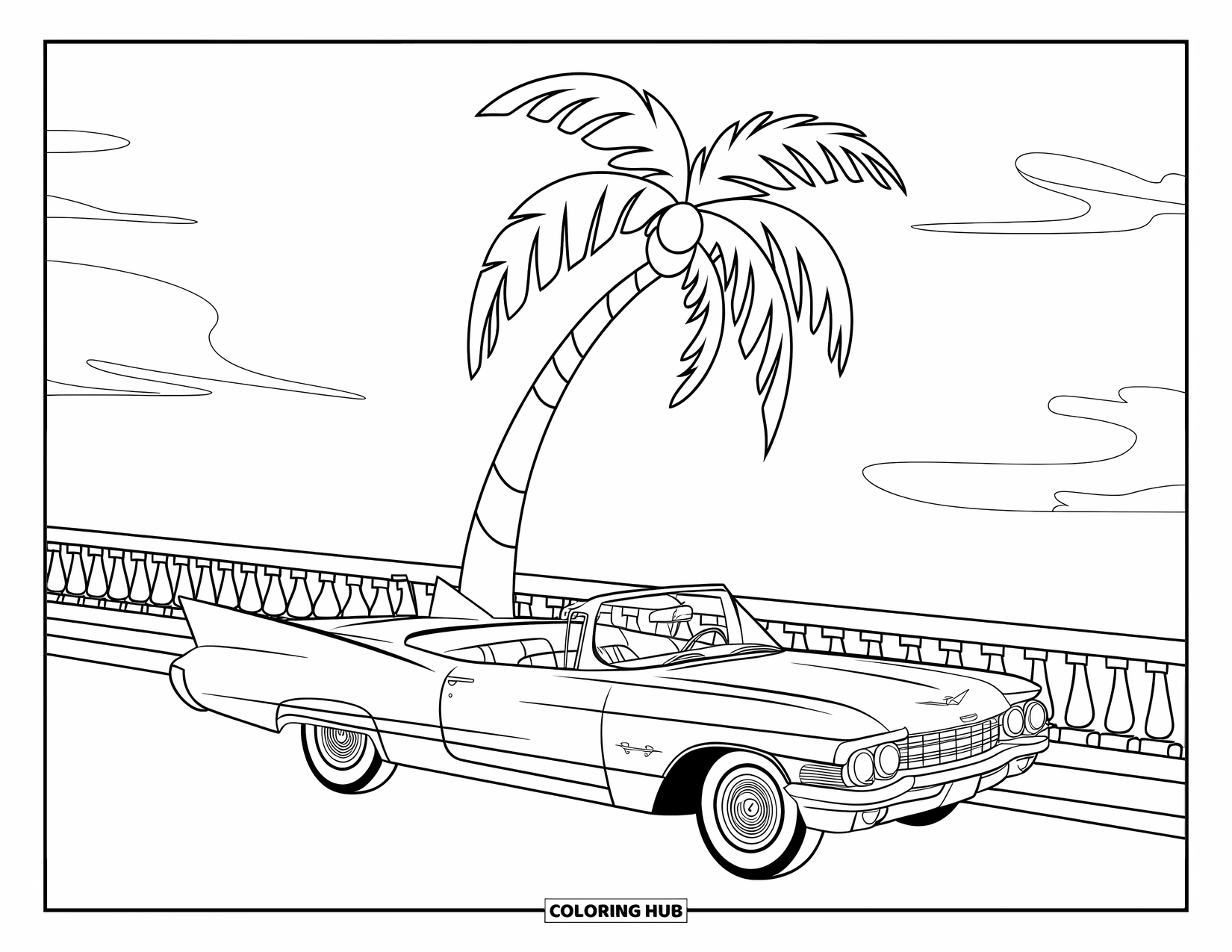 Classic Car Coloring Page for Kids: Convertible car near swaying palm tree and boardwalk railing