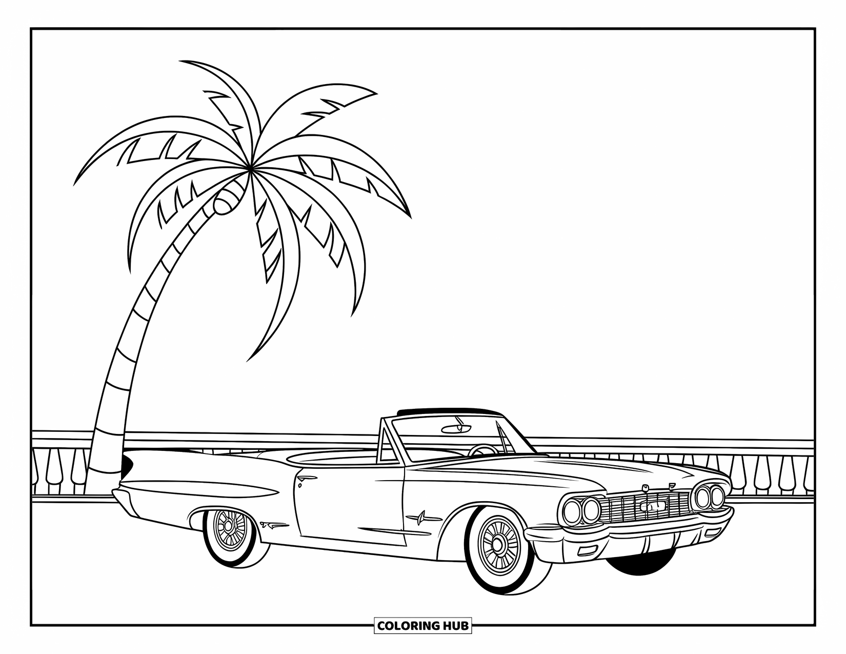 Classic Car Coloring Page for Kids: Convertible car parked near a palm tree and boardwalk