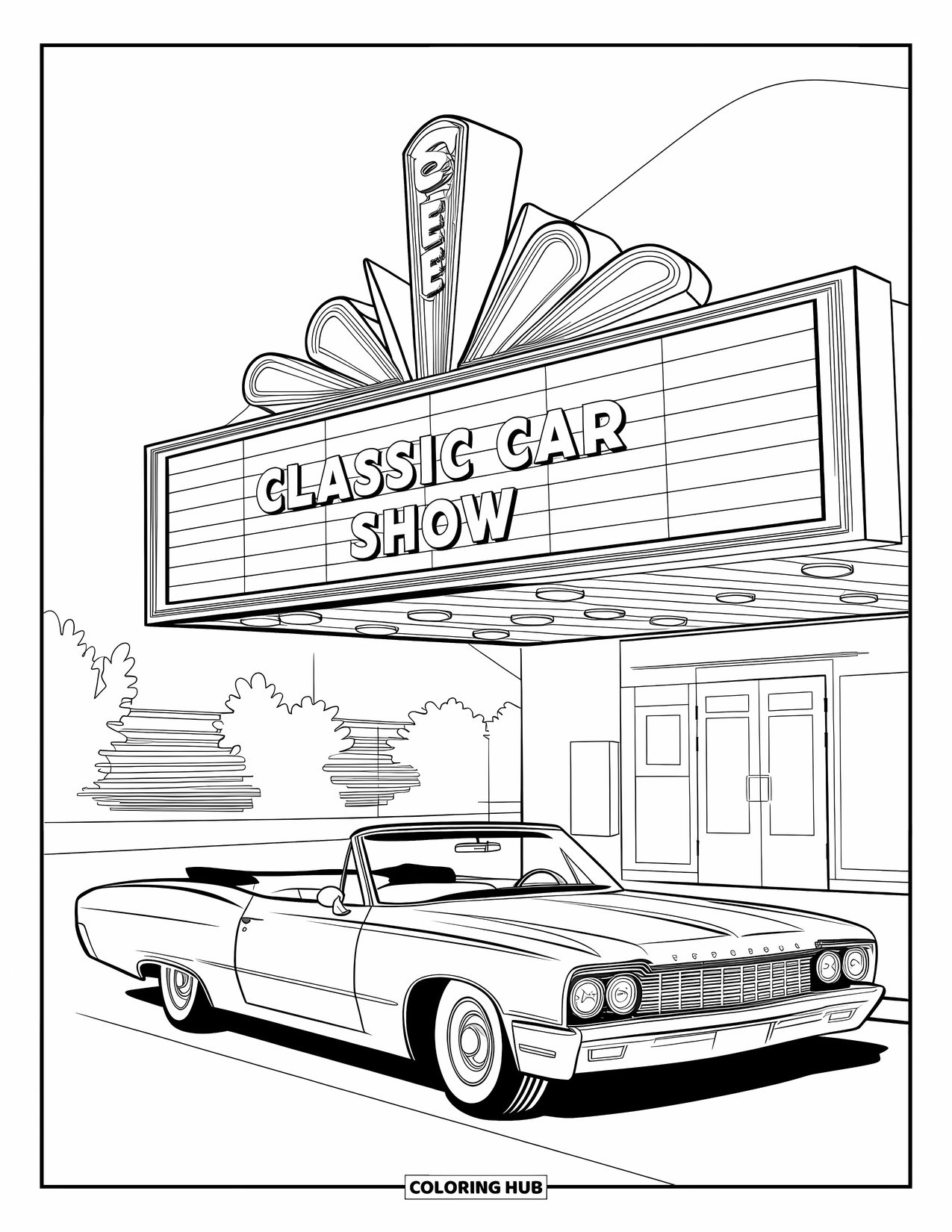 Classic Car Coloring Page for Kids: Convertible under a retro marquee at classic car show