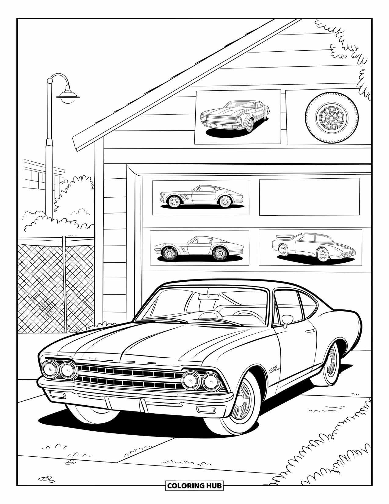 Classic Car Coloring Page for Kids: Fastback parked near suburban garage with posters