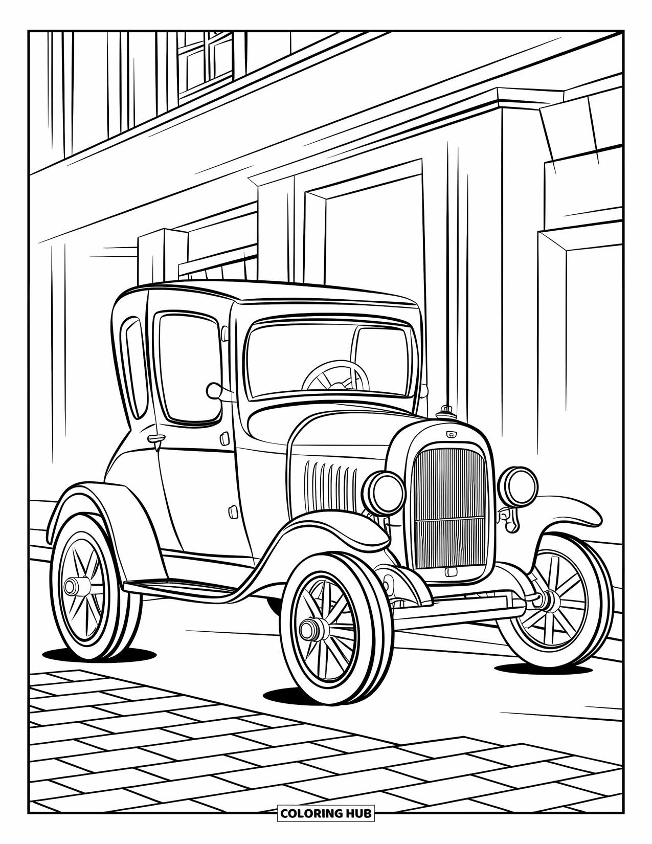 Classic Car Coloring Page for Kids: Friendly coupe with oversized wheels on cobblestone street