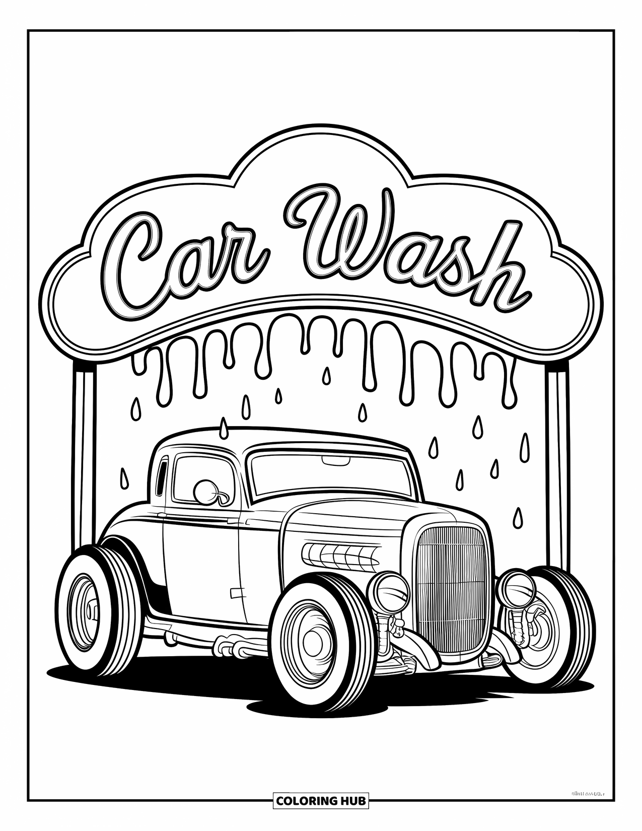 Classic Car Coloring Page for Kids: Hot rod with dripping water under car wash arch
