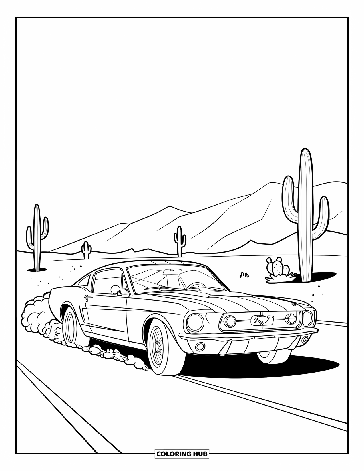 Classic Car Coloring Page for Kids: Mustang-style car drifting on a desert road