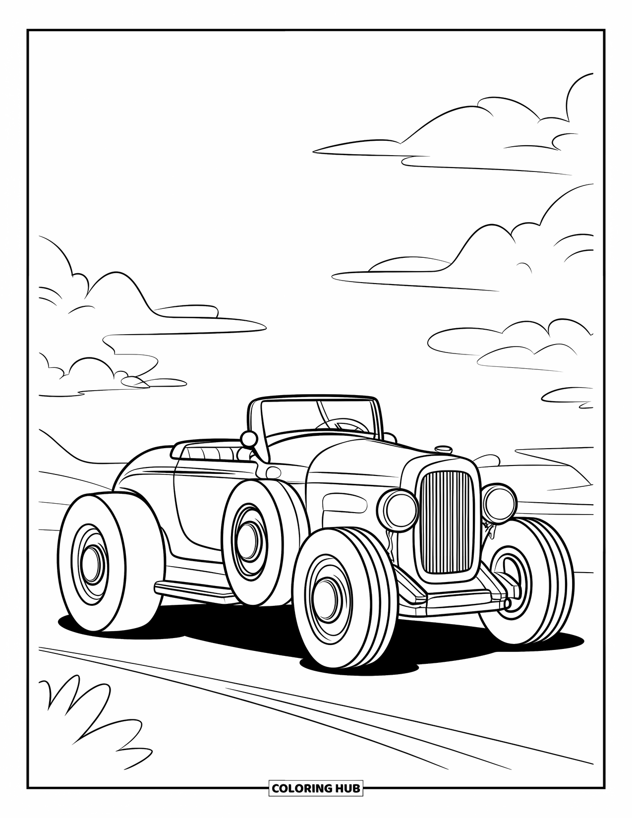Classic Car Coloring Page for Kids: Old-fashioned coupe with open top and round wheels