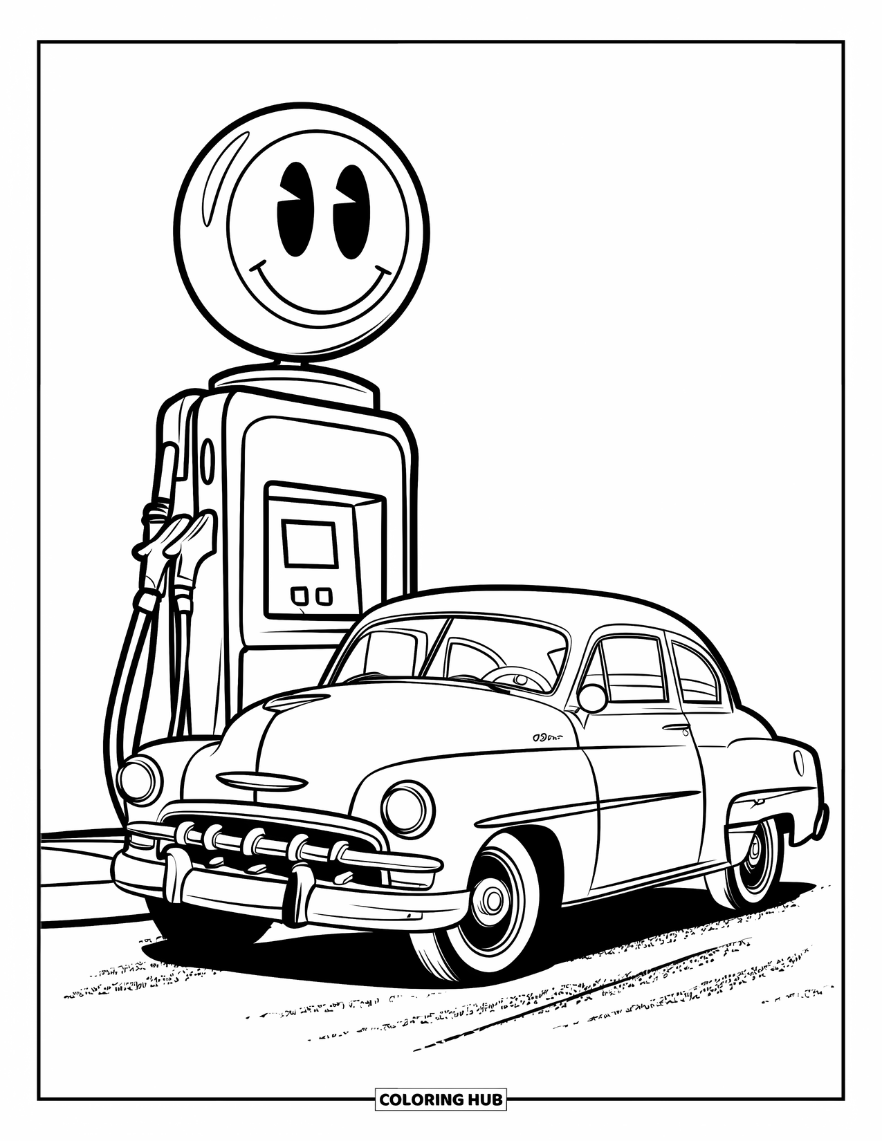 Classic Car Coloring Page for Kids: Retro car at gas pump with smiling meter