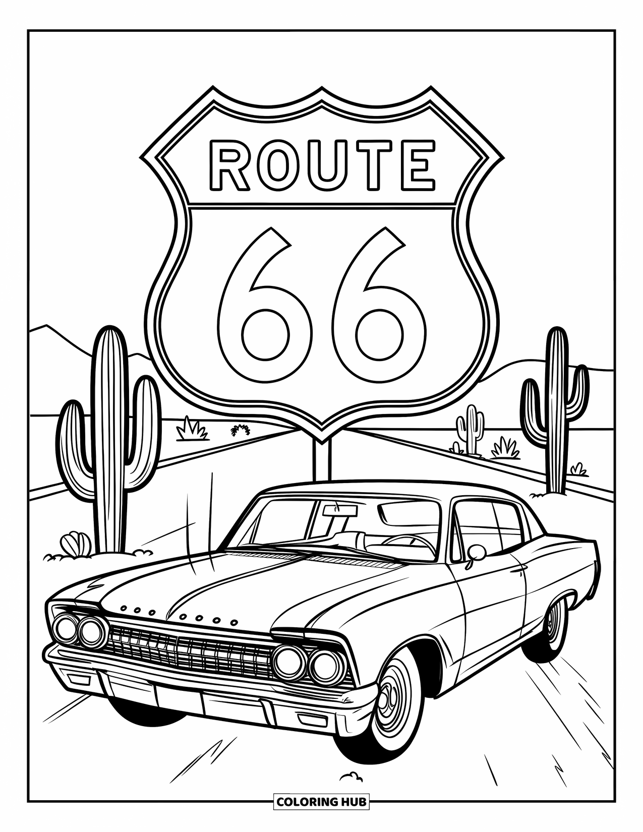 Classic Car Coloring Page for Kids: Retro car parked by Route 66 sign in desert