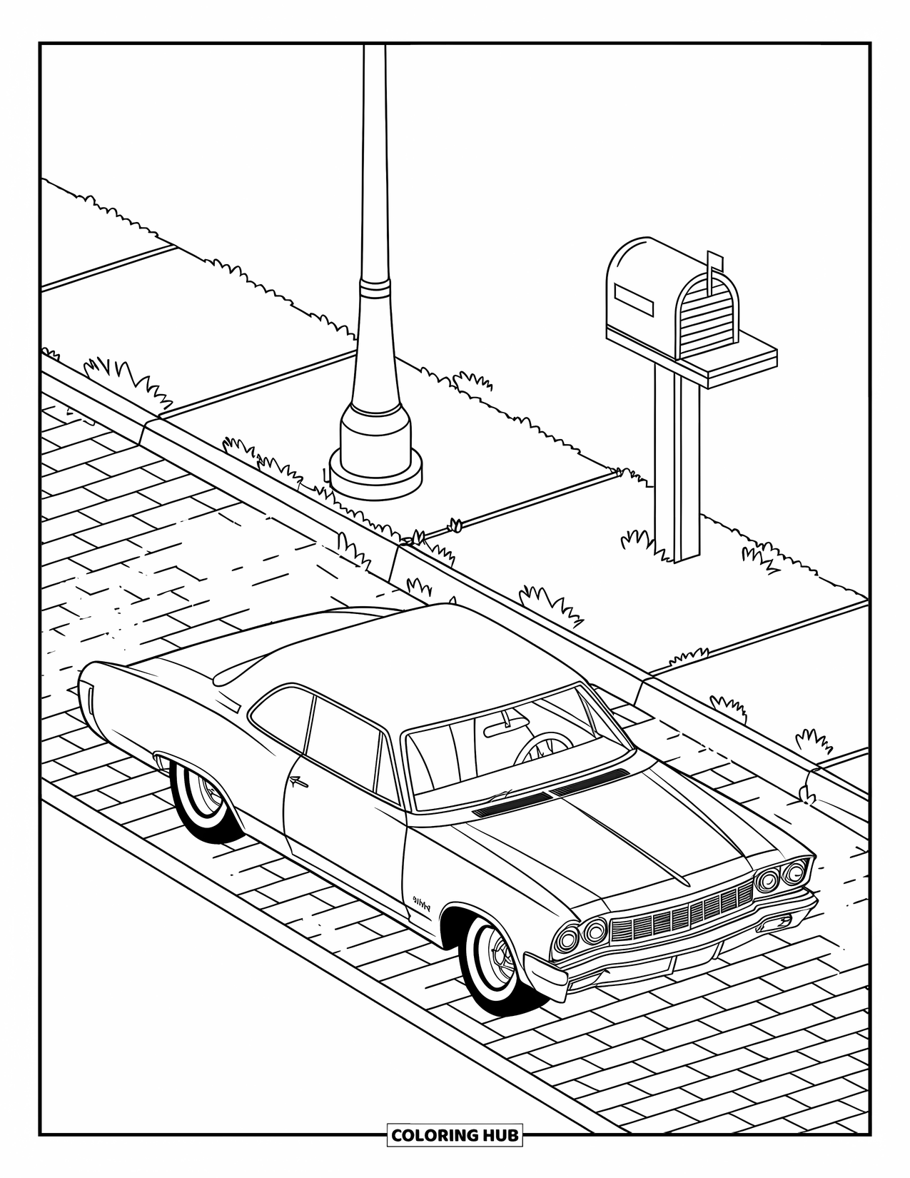 Classic Car Coloring Page for Kids: Retro coupe on a brick road near streetlamp and mailbox