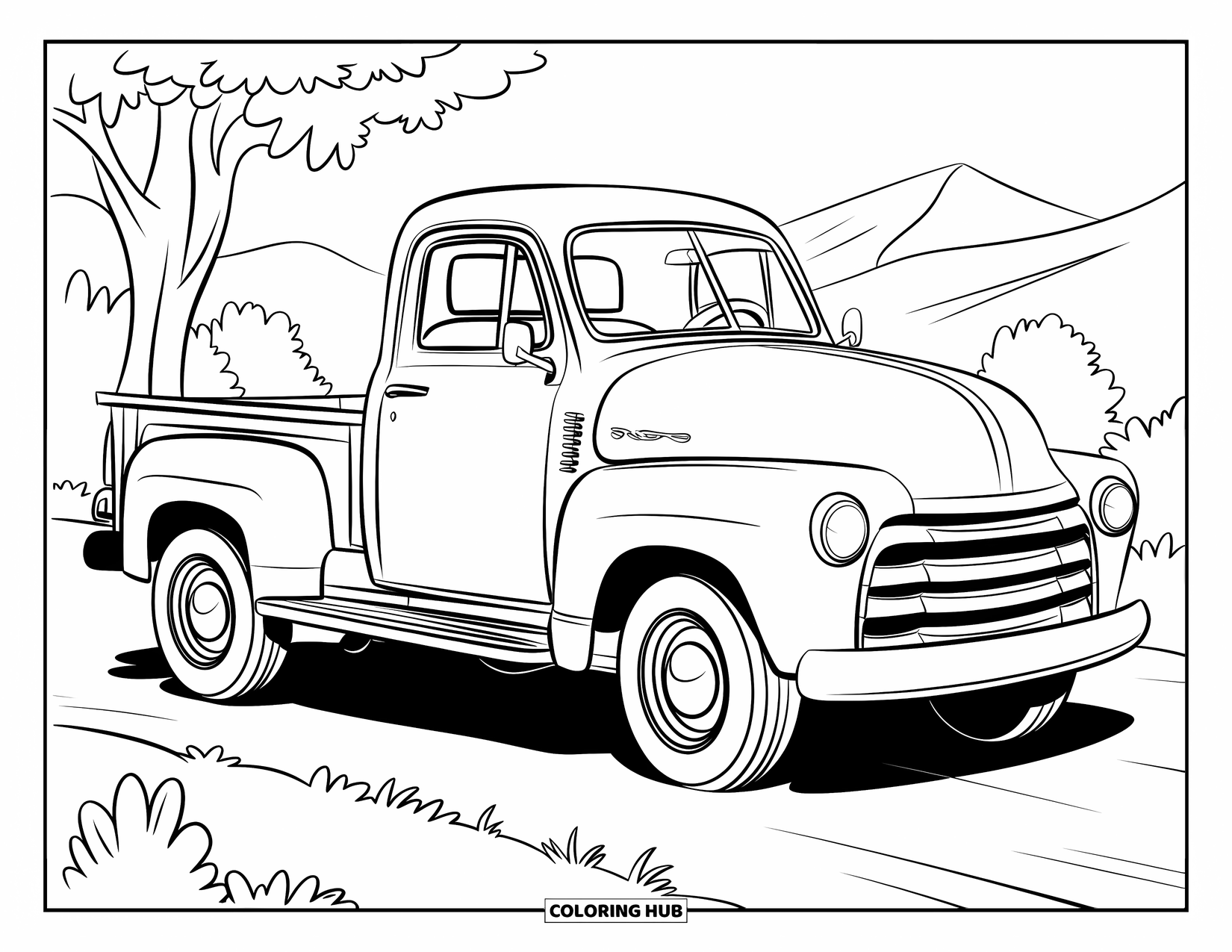Classic Car Coloring Page for Kids: Side view of classic pickup truck on dirt road