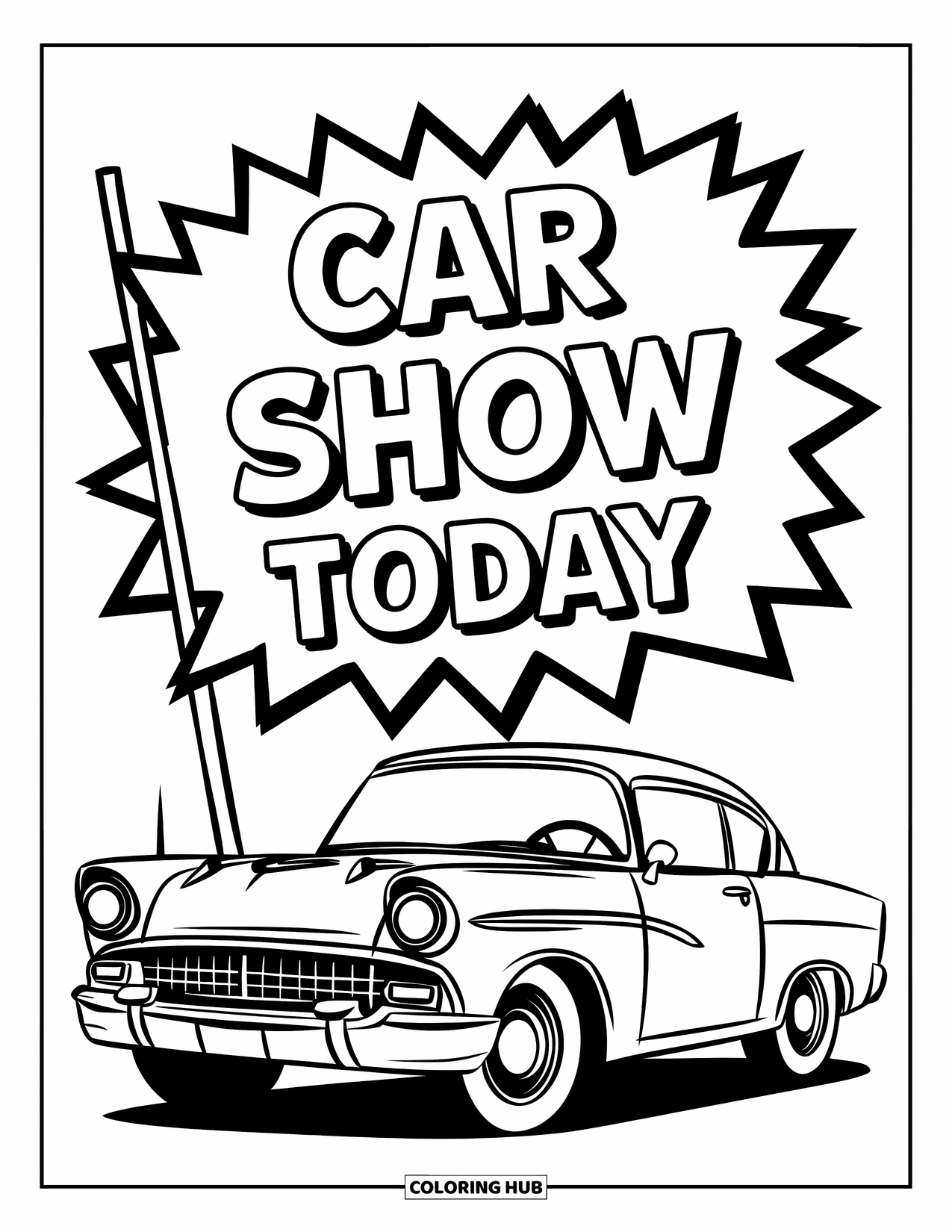 Classic Car Coloring Page for Kids: Vintage coupe beside banner announcing a car show