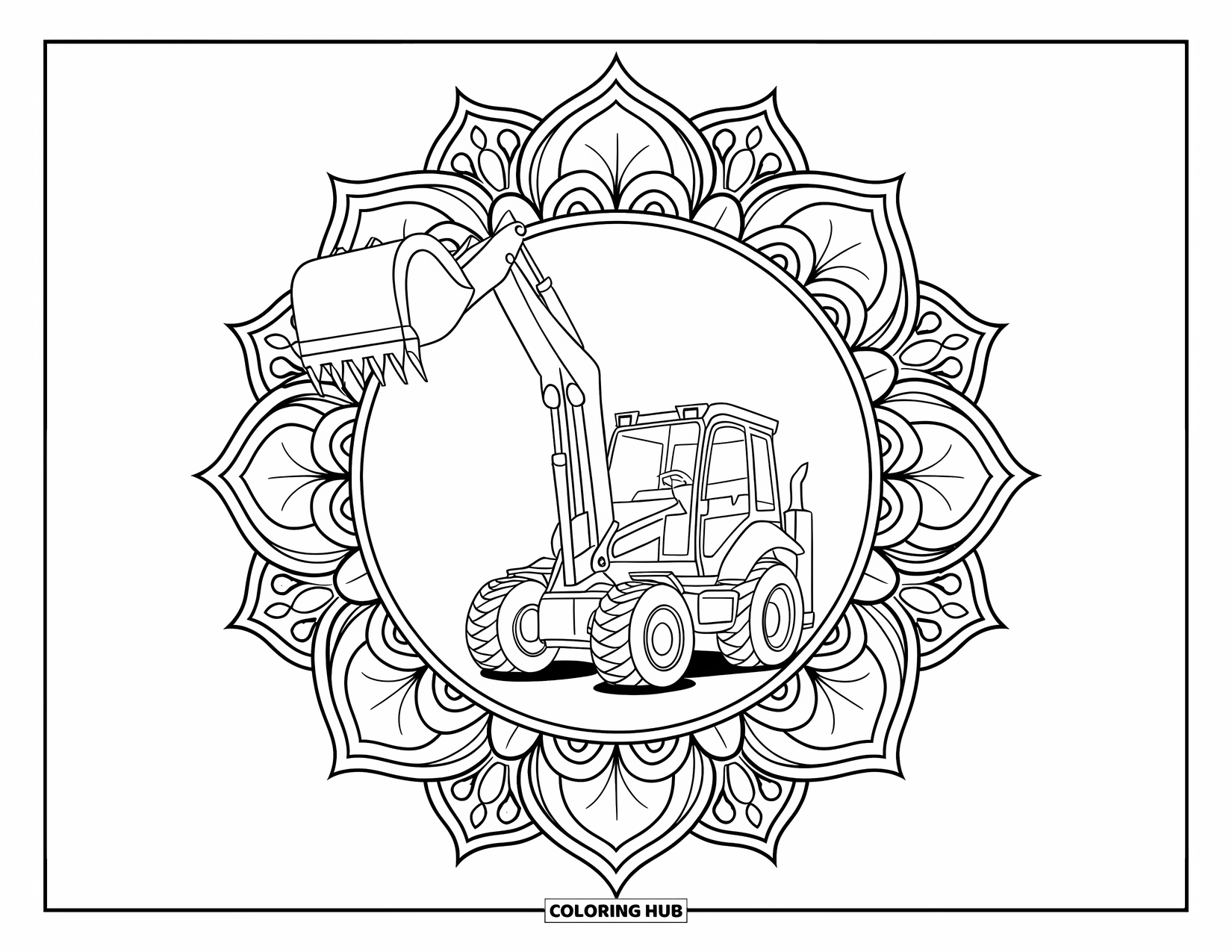 Construction Vehicle Coloring Page for Adults: A backhoe excavator with raised bucket sits inside a decorative mandala circle